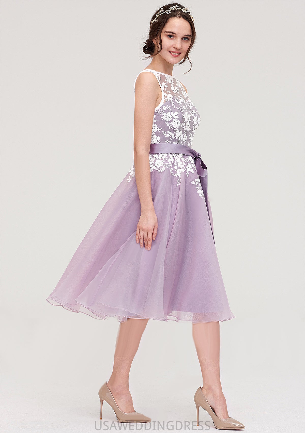 Bateau Sleeveless Organza Knee-Length A-line/Princess Bridesmaid Dresses With Sashes Lace Frederica DSP0025358