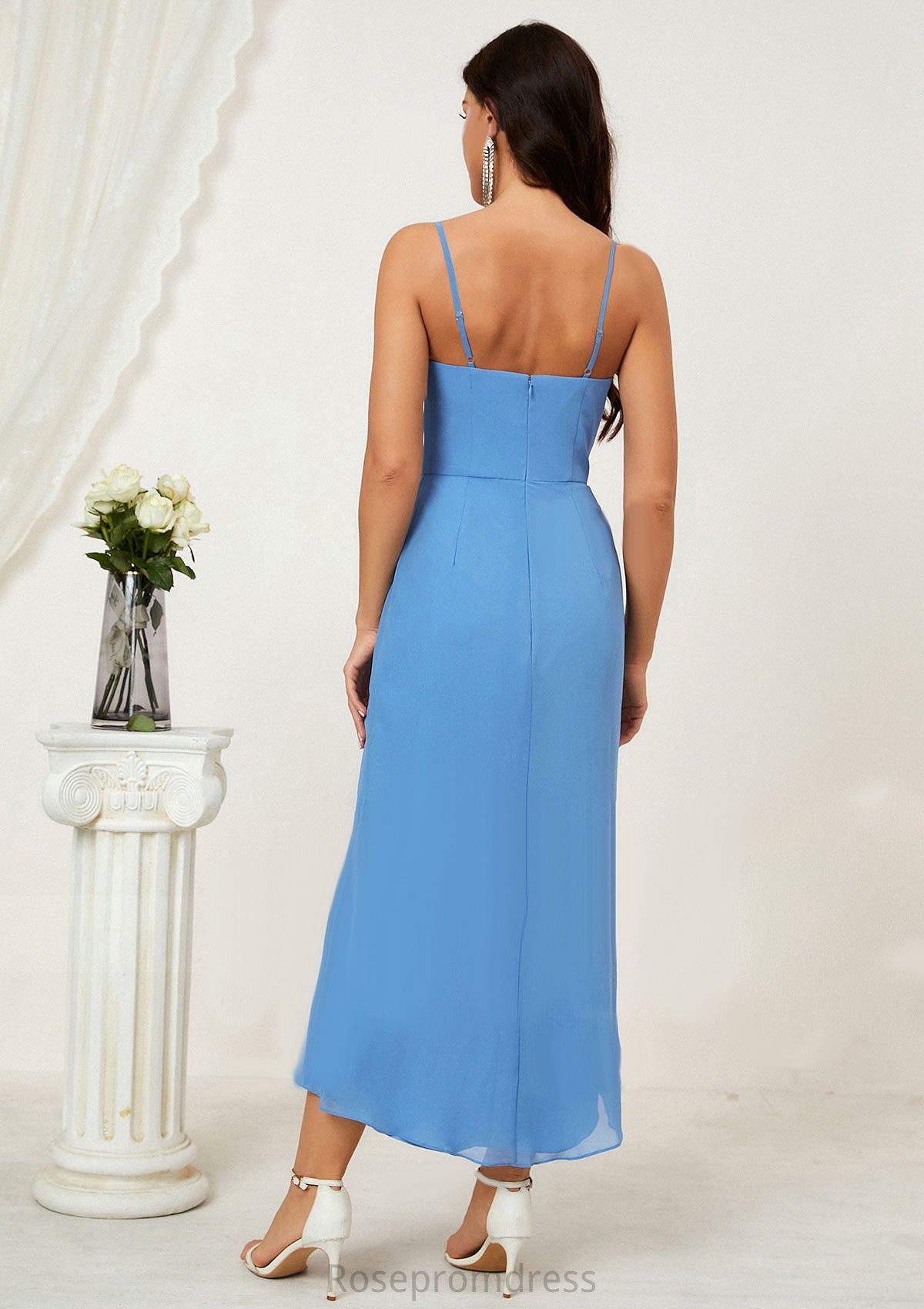 Sheath/Column Sweetheart Sleeveless Chiffon Asymmetrical Bridesmaid Dresses With Pleated Split Essence SRSP0025359