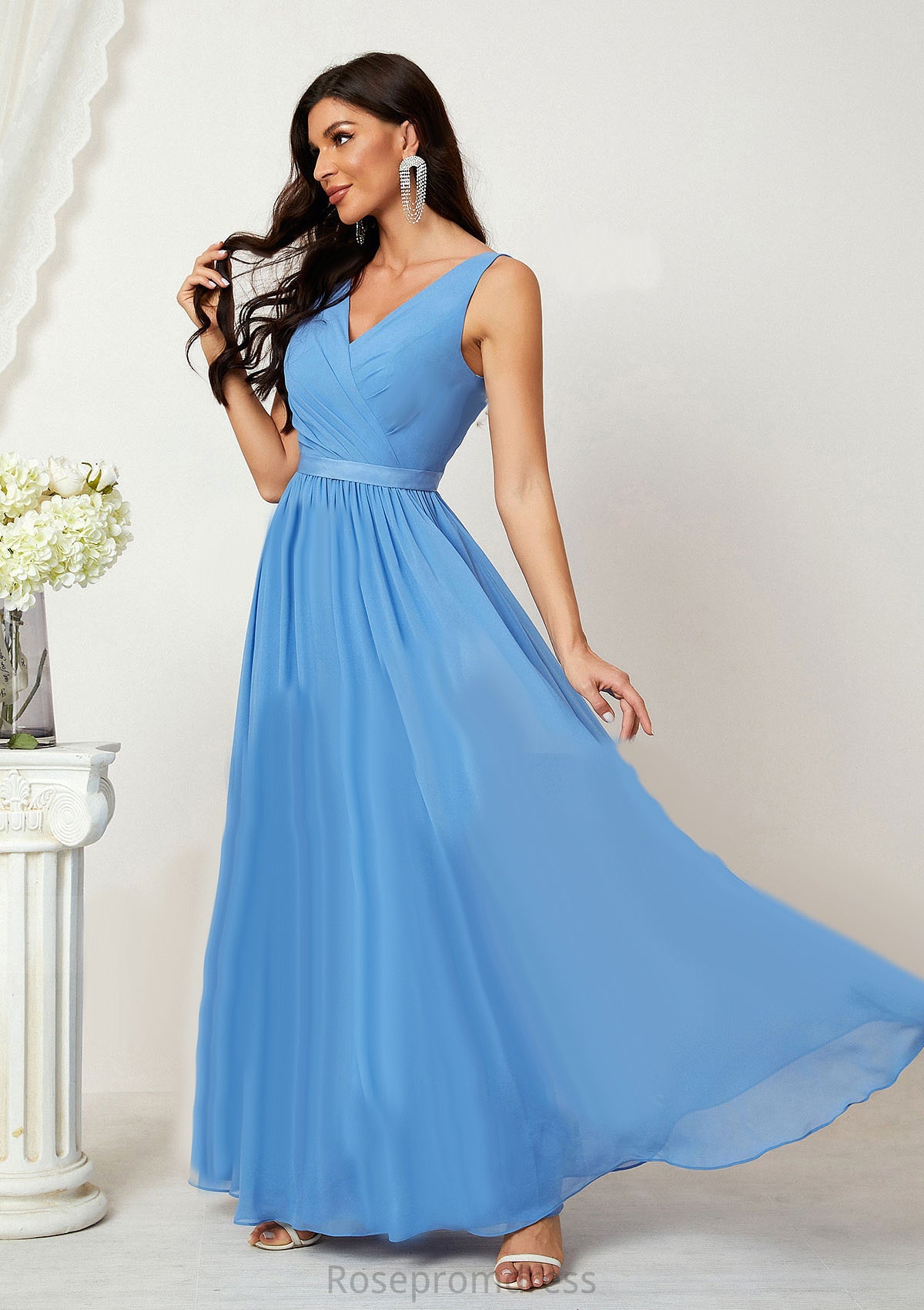 A-line V Neck Sleeveless Chiffon Long/Floor-Length Bridesmaid Dresses With Pleated Rebekah SRSP0025360