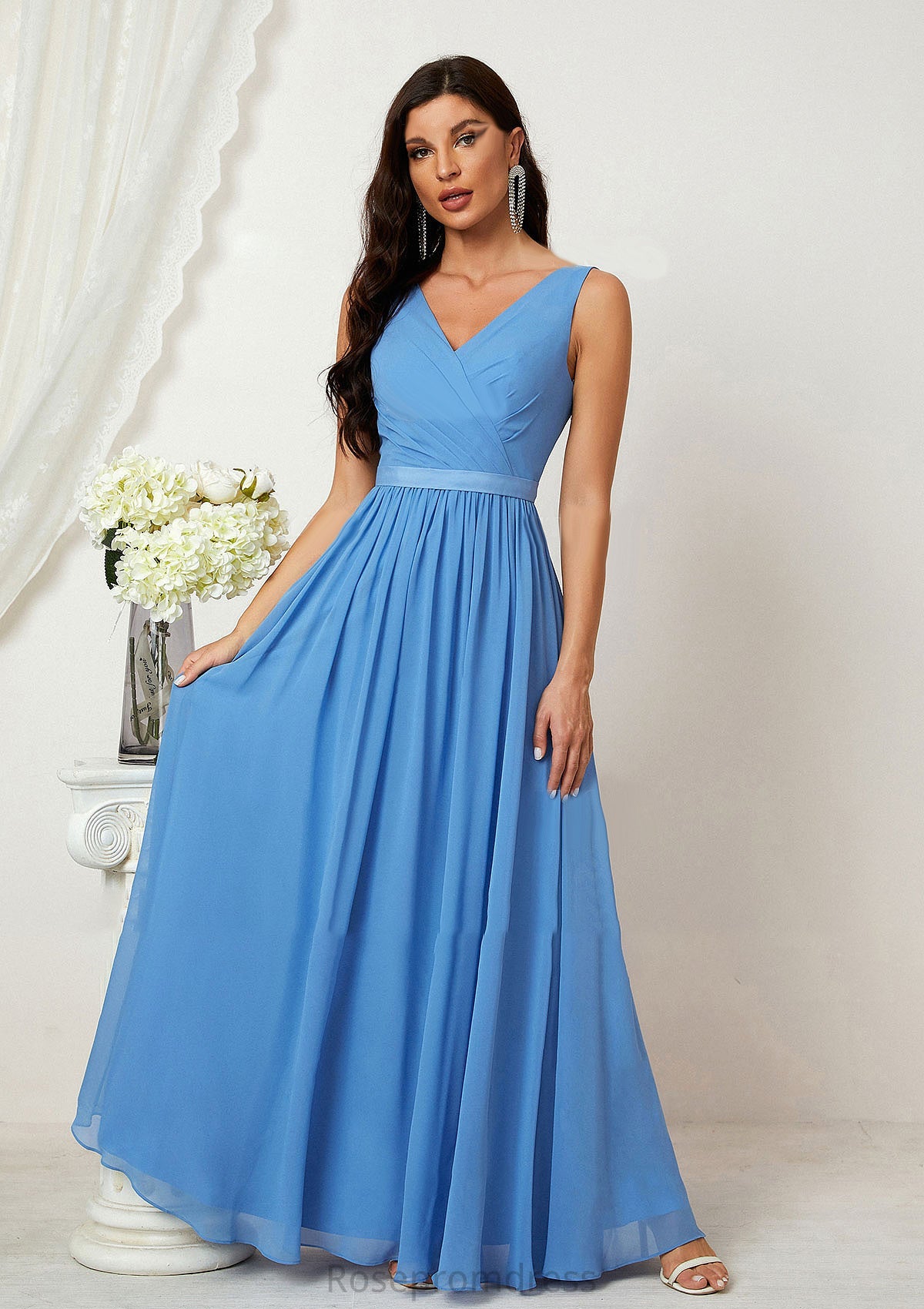 A-line V Neck Sleeveless Chiffon Long/Floor-Length Bridesmaid Dresses With Pleated Rebekah SRSP0025360