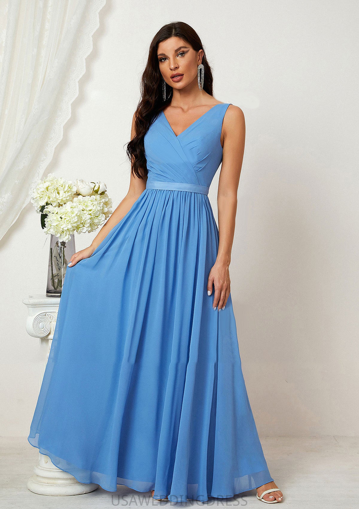 A-line V Neck Sleeveless Chiffon Long/Floor-Length Bridesmaid Dresses With Pleated Felicity DSP0025360