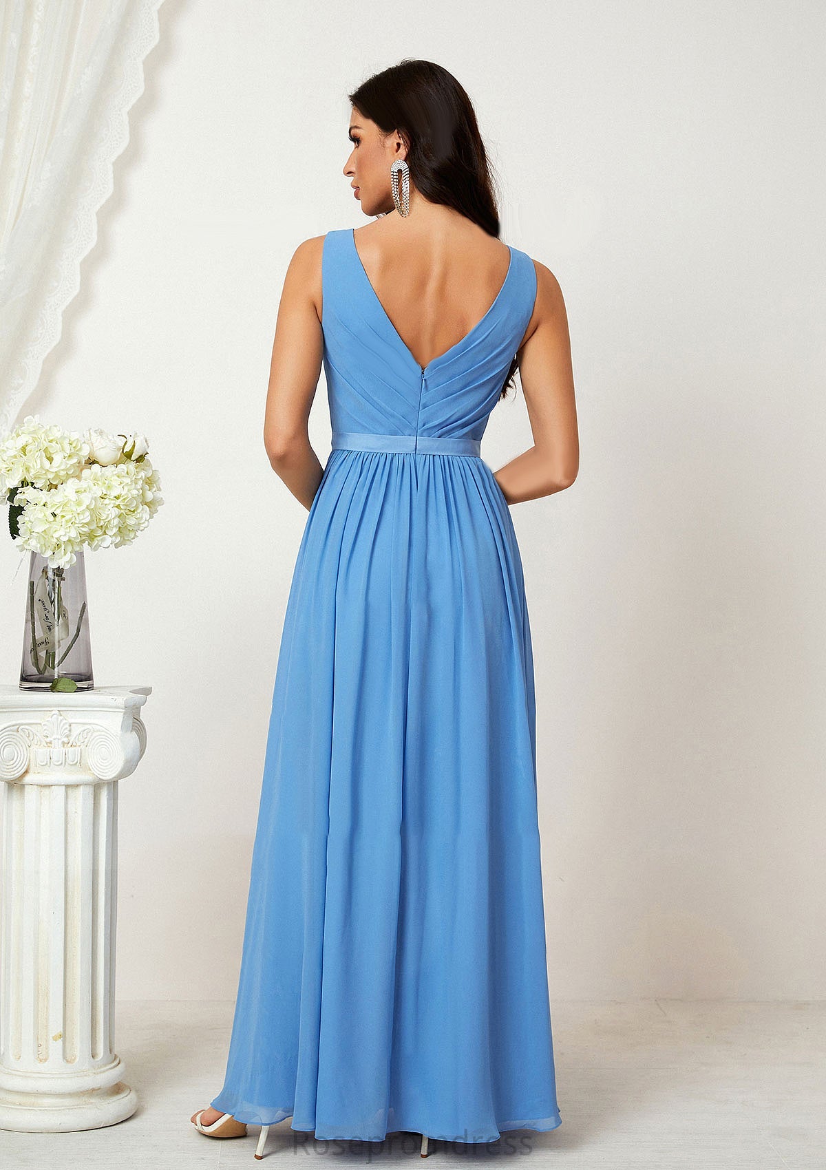 A-line V Neck Sleeveless Chiffon Long/Floor-Length Bridesmaid Dresses With Pleated Rebekah SRSP0025360