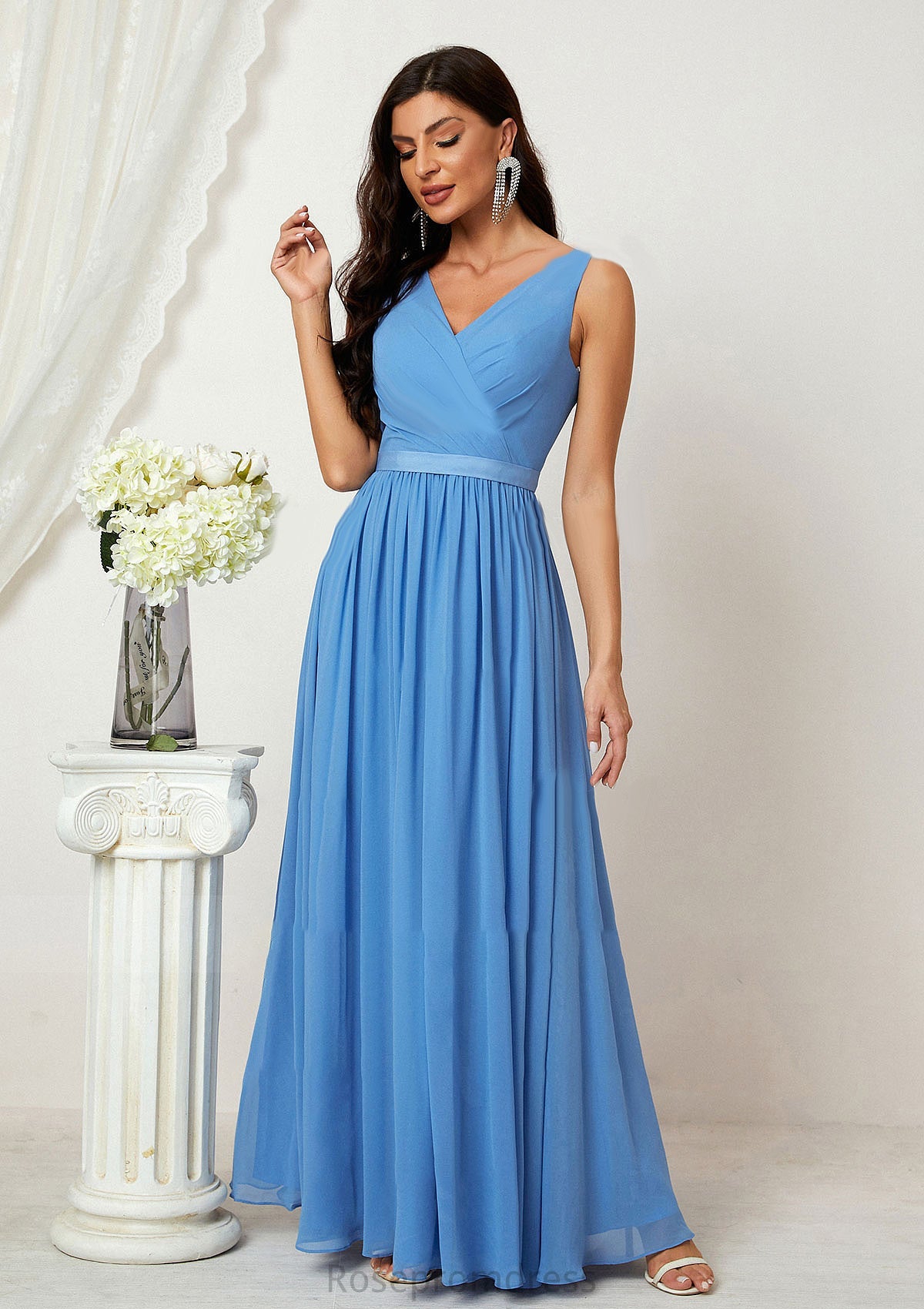 A-line V Neck Sleeveless Chiffon Long/Floor-Length Bridesmaid Dresses With Pleated Rebekah SRSP0025360