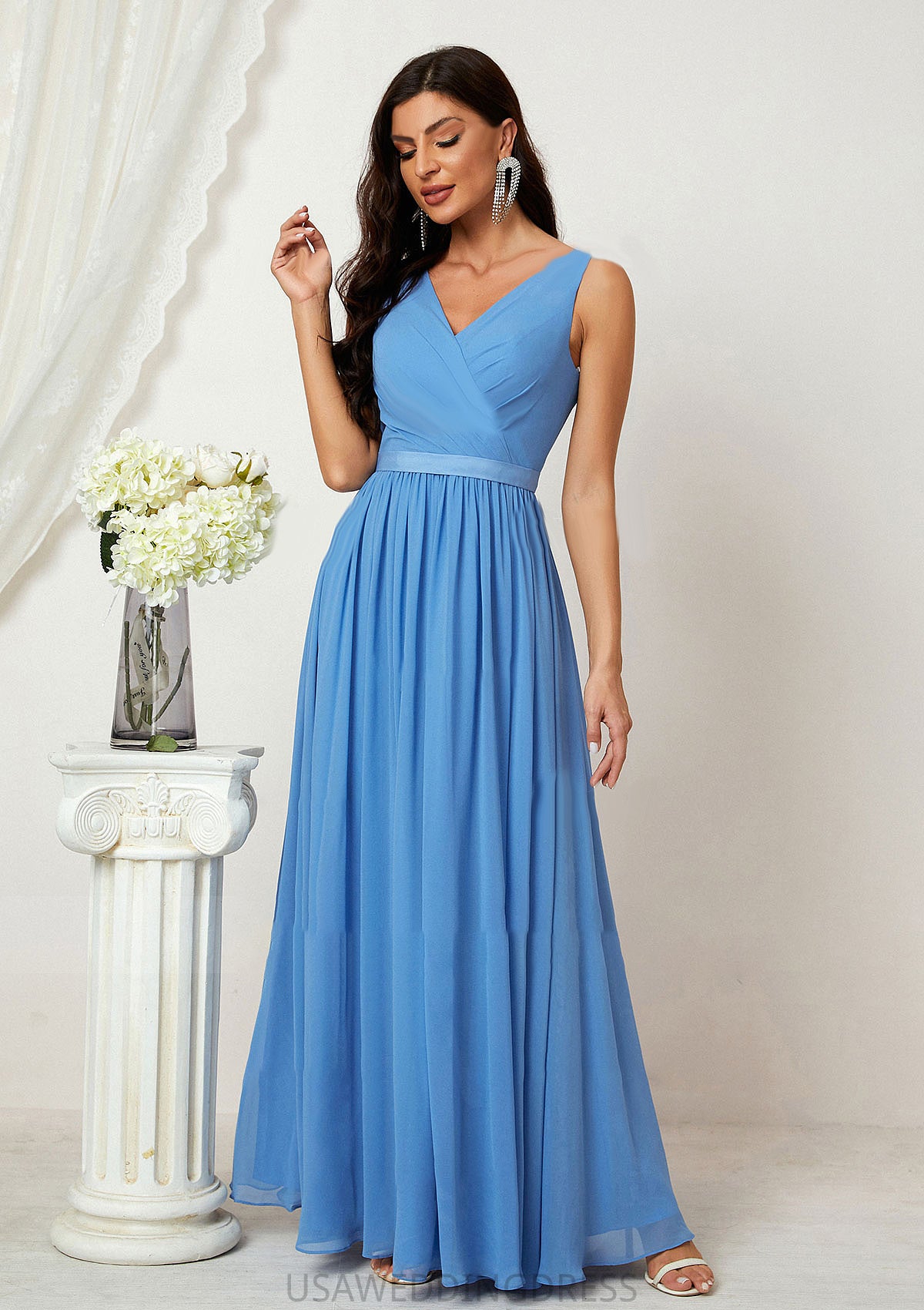 A-line V Neck Sleeveless Chiffon Long/Floor-Length Bridesmaid Dresses With Pleated Felicity DSP0025360