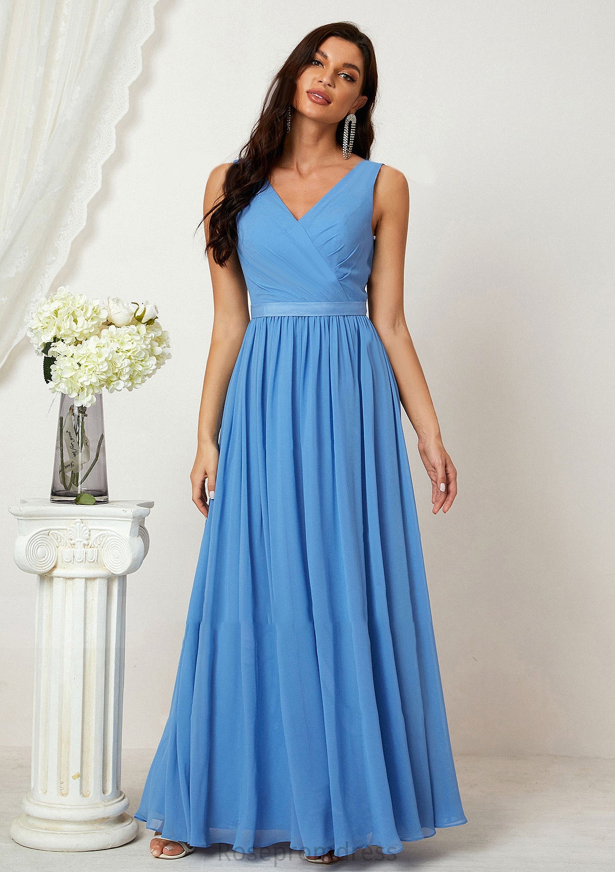 A-line V Neck Sleeveless Chiffon Long/Floor-Length Bridesmaid Dresses With Pleated Rebekah SRSP0025360