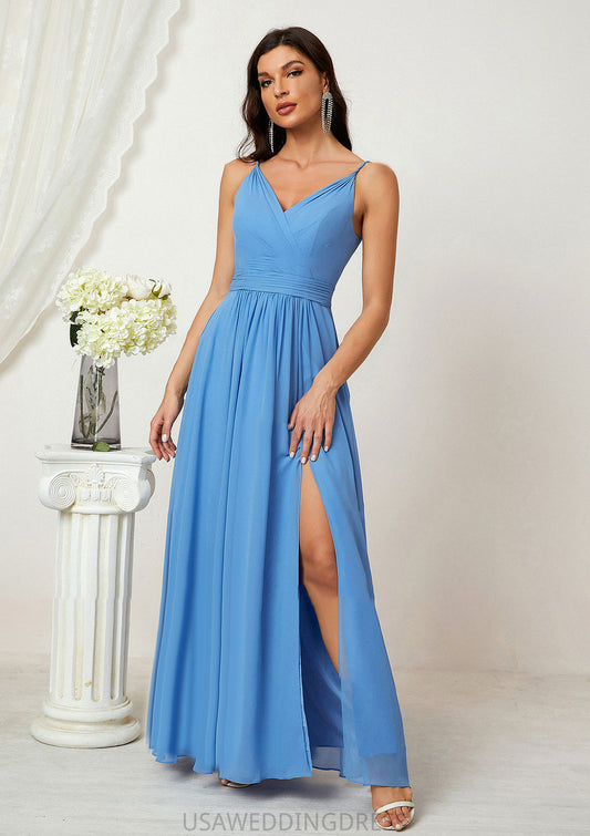 A-line V Neck Sleeveless Chiffon Long/Floor-Length Bridesmaid Dresses With Split Pleated Daniella DSP0025362