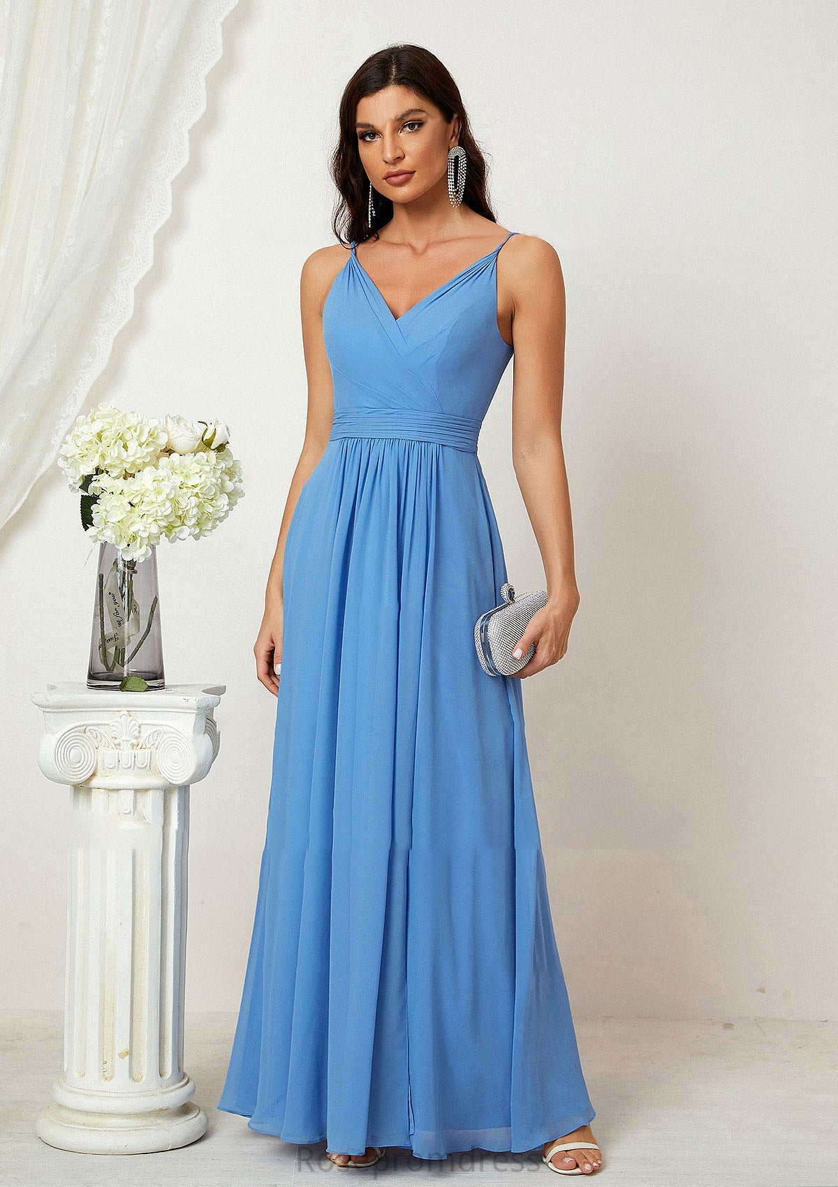 A-line V Neck Sleeveless Chiffon Long/Floor-Length Bridesmaid Dresses With Split Pleated Abbigail SRSP0025362