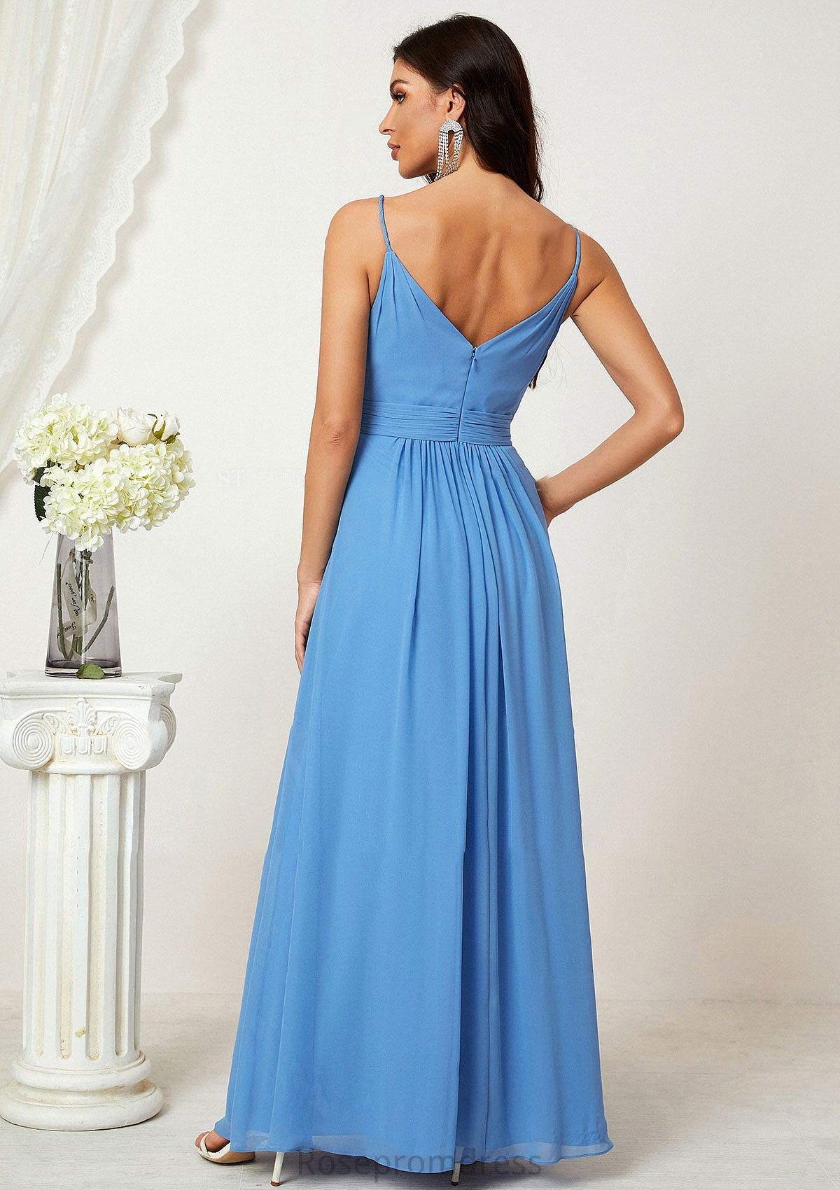 A-line V Neck Sleeveless Chiffon Long/Floor-Length Bridesmaid Dresses With Split Pleated Abbigail SRSP0025362