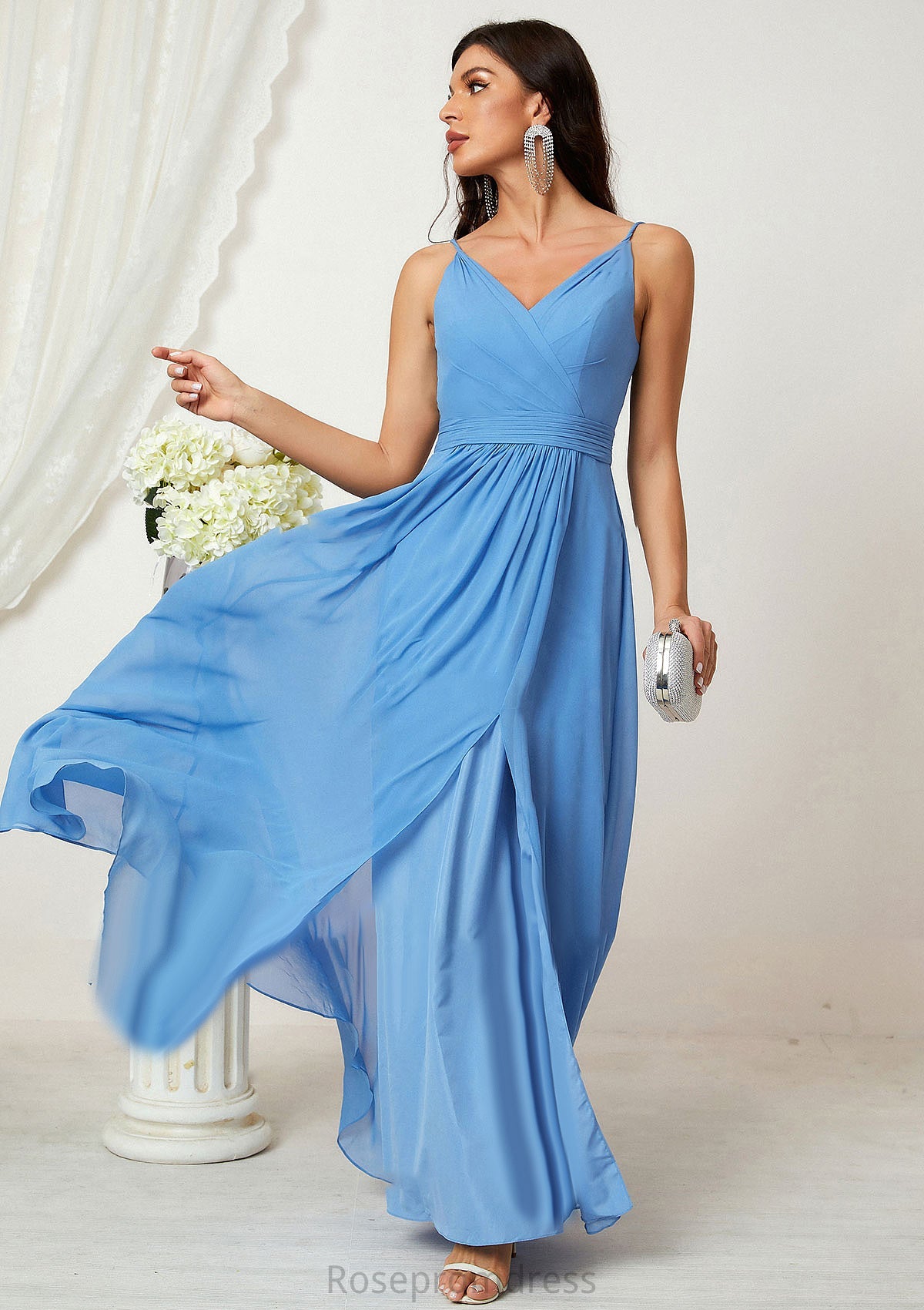 A-line V Neck Sleeveless Chiffon Long/Floor-Length Bridesmaid Dresses With Split Pleated Abbigail SRSP0025362