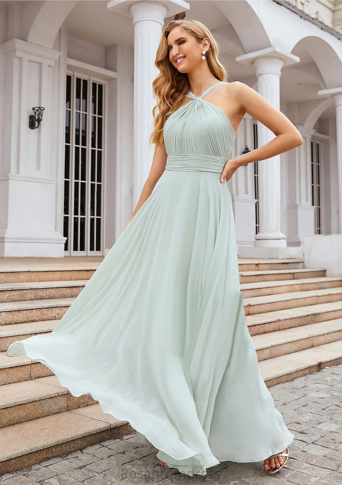 A-line Scalloped Neck Sleeveless Long/Floor-Length Chiffon Bridesmaid Dresses With Pleated Gia SRSP0025366