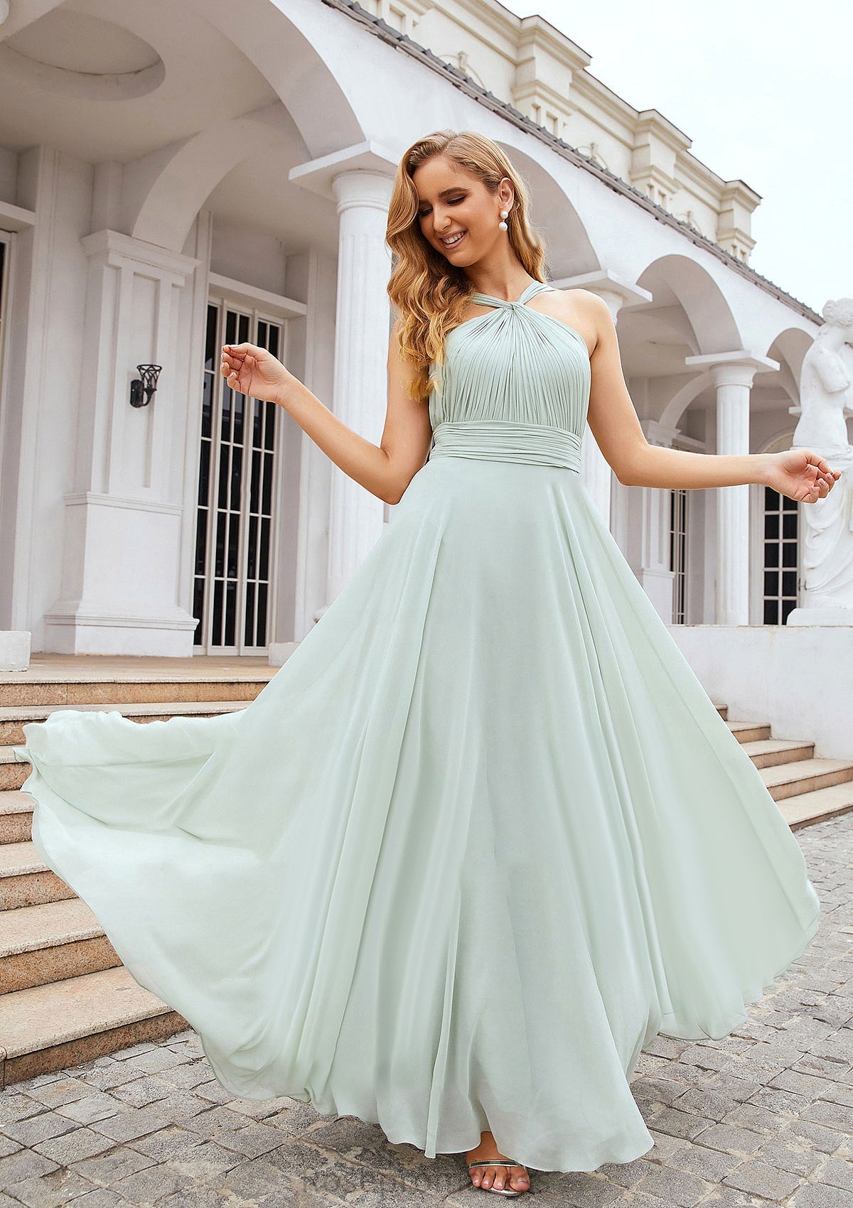 A-line Scalloped Neck Sleeveless Long/Floor-Length Chiffon Bridesmaid Dresses With Pleated Gia SRSP0025366