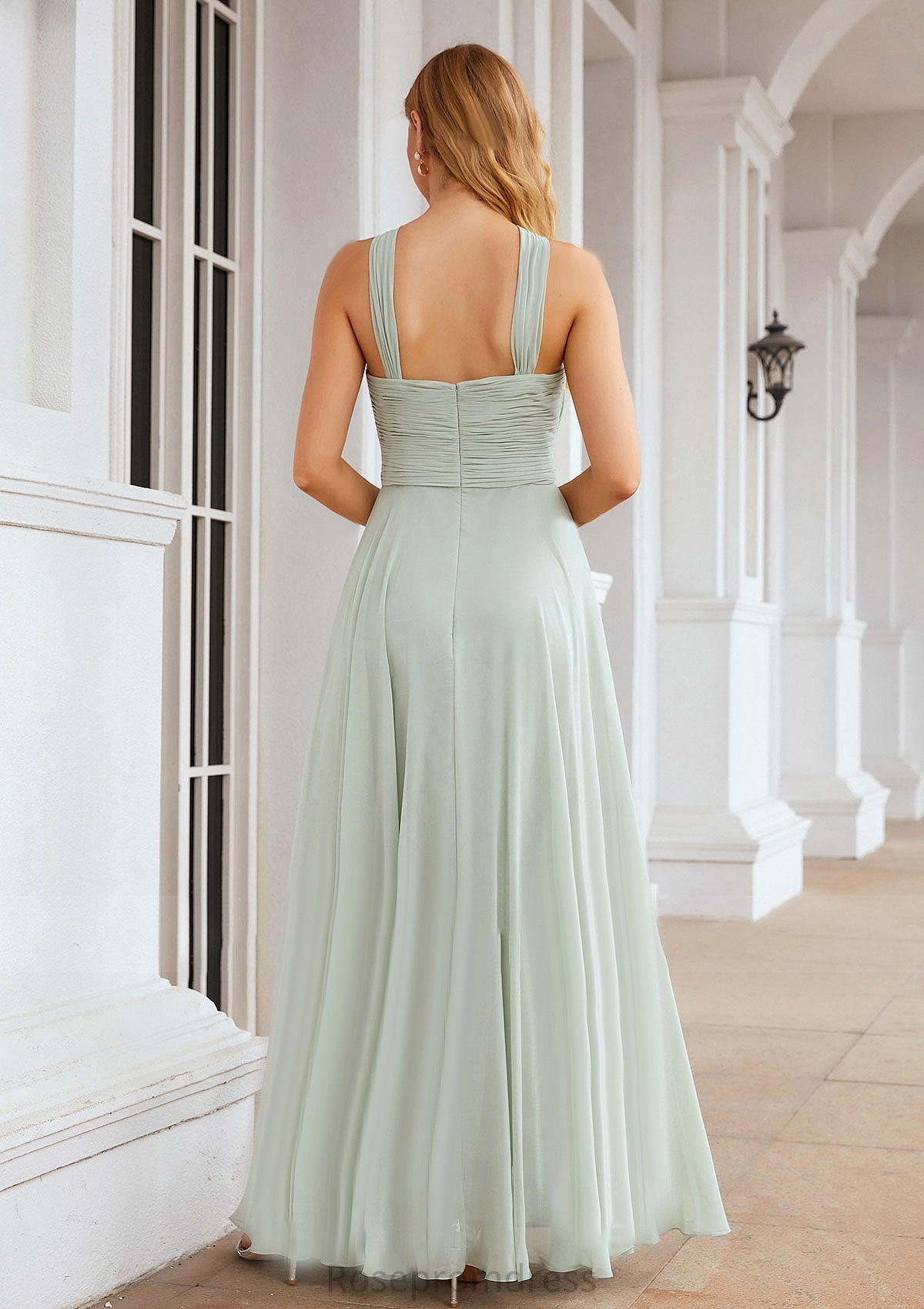 A-line Scalloped Neck Sleeveless Long/Floor-Length Chiffon Bridesmaid Dresses With Pleated Gia SRSP0025366