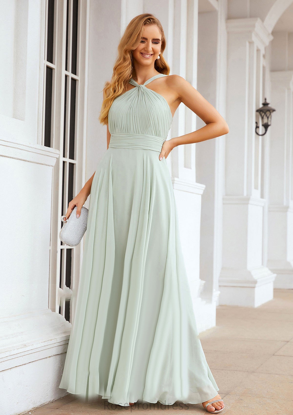 A-line Scalloped Neck Sleeveless Long/Floor-Length Chiffon Bridesmaid Dresses With Pleated Gia SRSP0025366