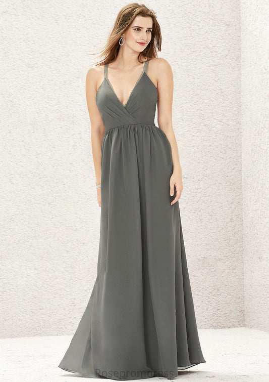 A-line V Neck Sleeveless Chiffon Long/Floor-Length Bridesmaid Dresses With Pleated Lace Celia SRSP0025367