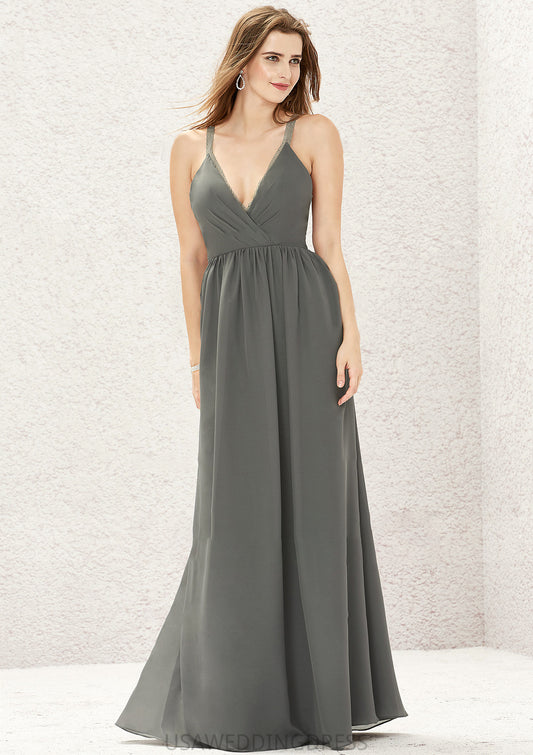 A-line V Neck Sleeveless Chiffon Long/Floor-Length Bridesmaid Dresses With Pleated Lace Brisa DSP0025367