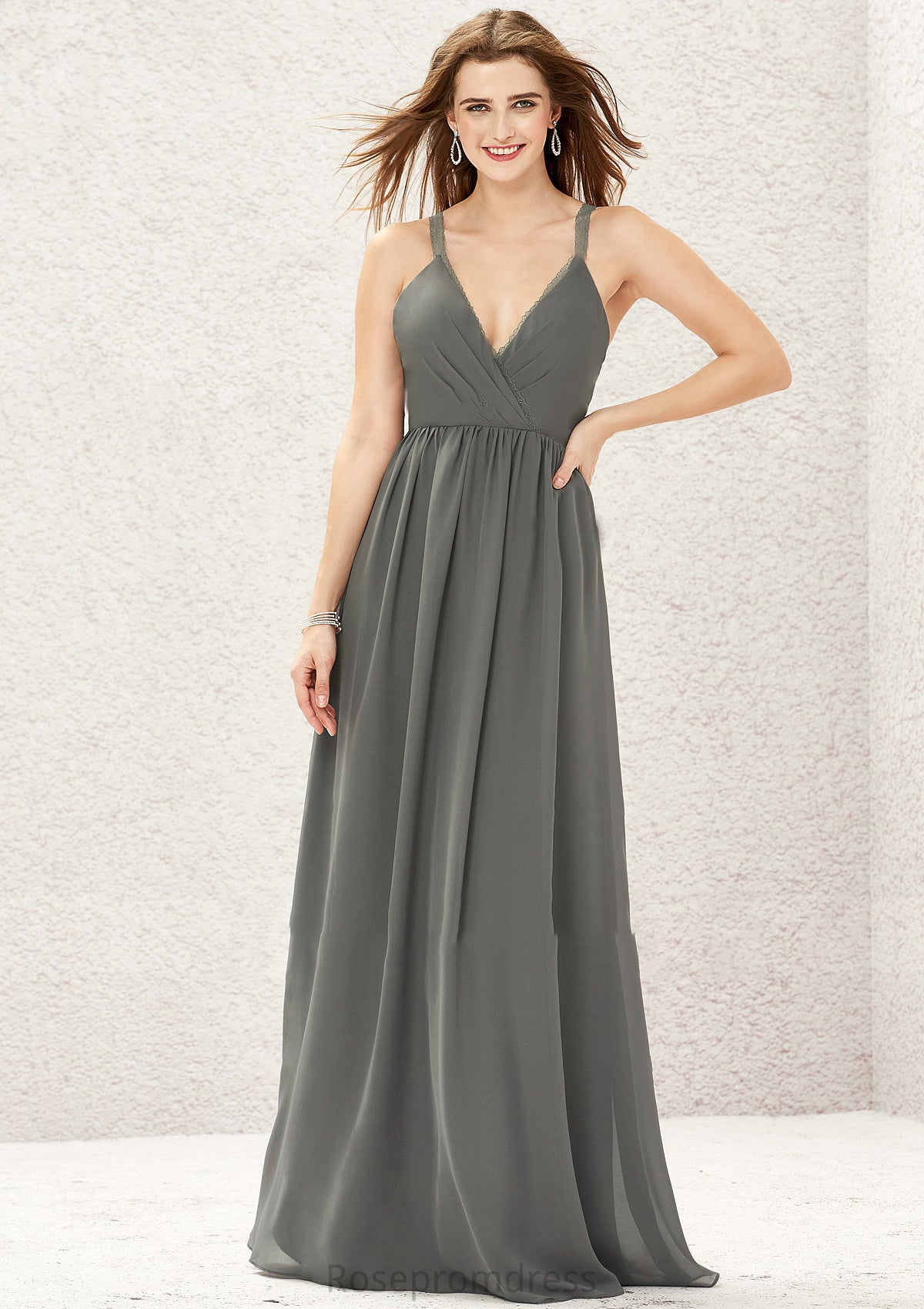 A-line V Neck Sleeveless Chiffon Long/Floor-Length Bridesmaid Dresses With Pleated Lace Celia SRSP0025367