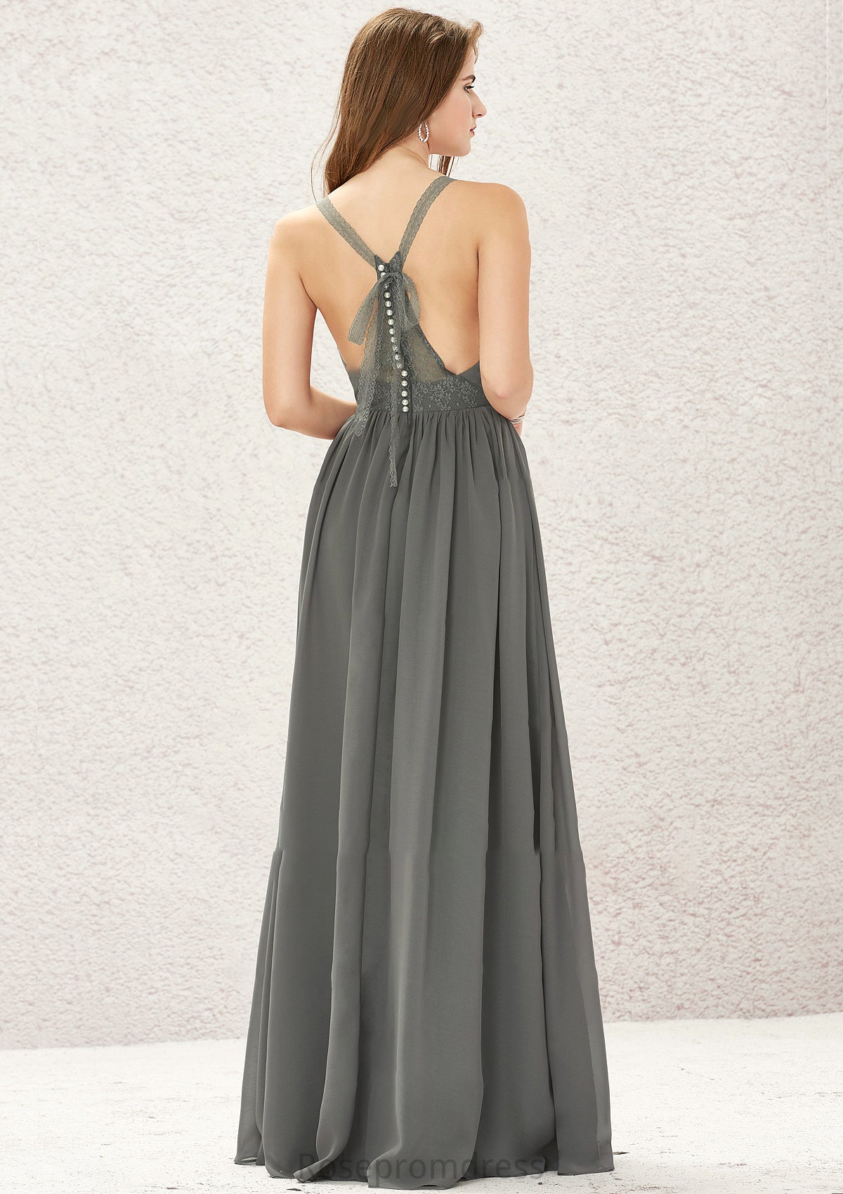 A-line V Neck Sleeveless Chiffon Long/Floor-Length Bridesmaid Dresses With Pleated Lace Celia SRSP0025367