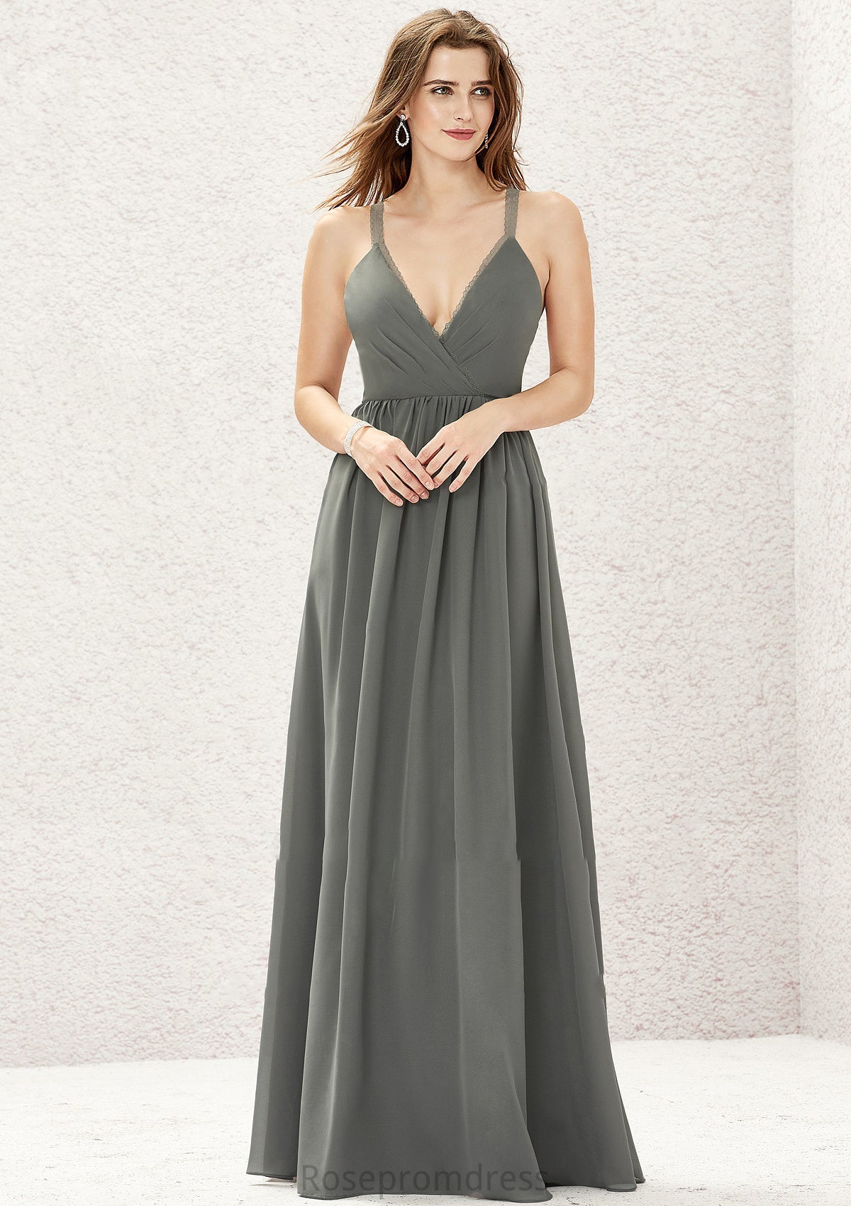 A-line V Neck Sleeveless Chiffon Long/Floor-Length Bridesmaid Dresses With Pleated Lace Celia SRSP0025367