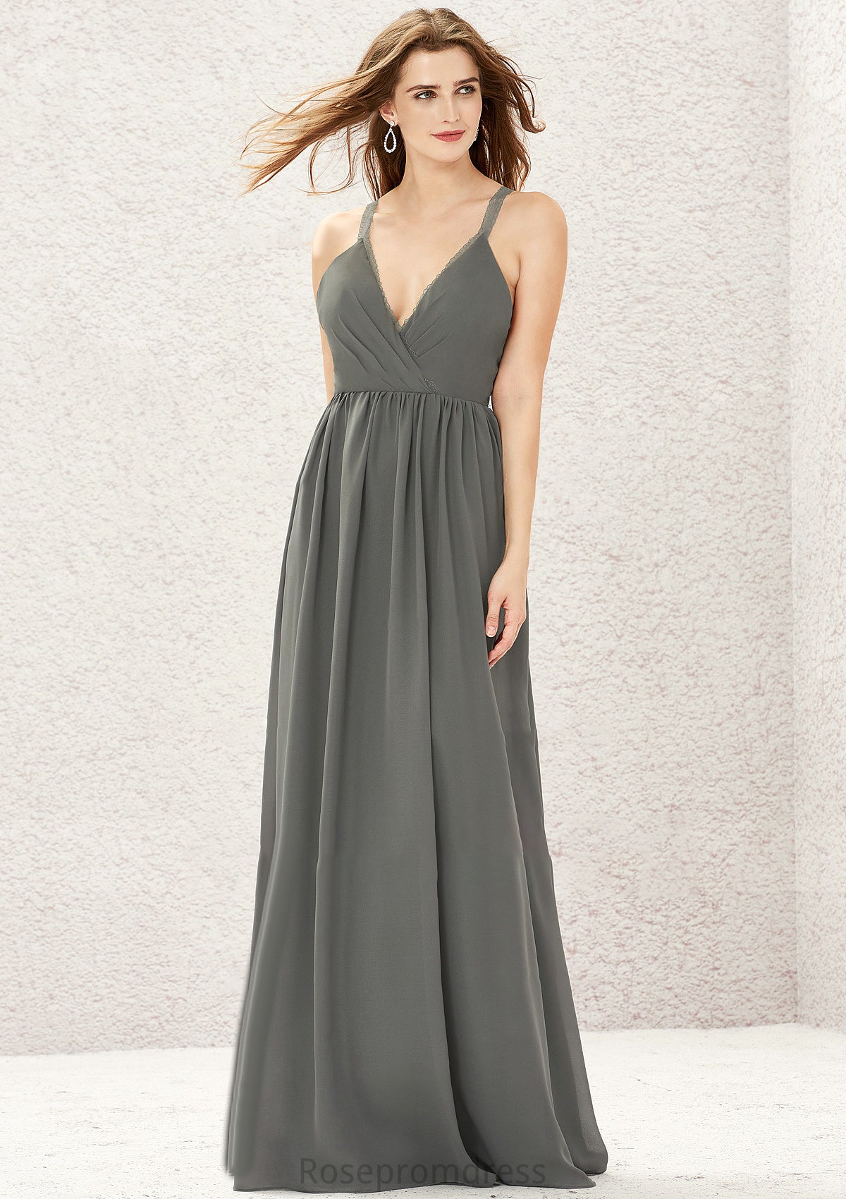 A-line V Neck Sleeveless Chiffon Long/Floor-Length Bridesmaid Dresses With Pleated Lace Celia SRSP0025367