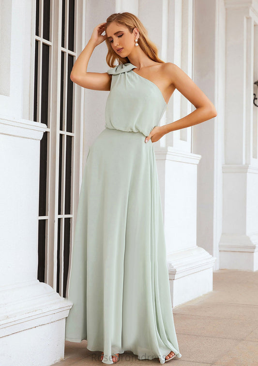 A-line One-Shoulder Sleeveless Long/Floor-Length Chiffon Bridesmaid Dresses With Shoulder Flower Mercedes SRSP0025369