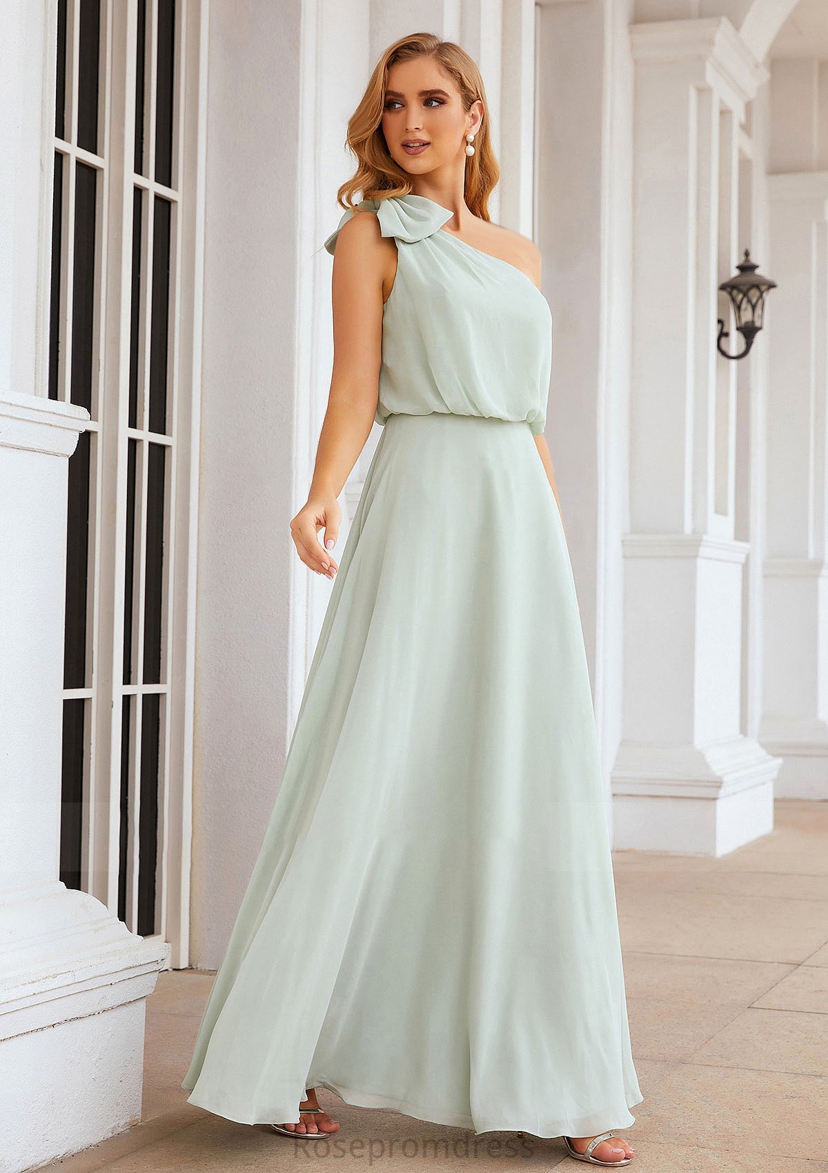 A-line One-Shoulder Sleeveless Long/Floor-Length Chiffon Bridesmaid Dresses With Shoulder Flower Mercedes SRSP0025369