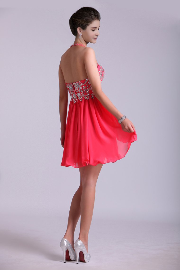 2024 Homecoming Dresses A Line Halter Short/Mini Chiffon With Beading & Sequins