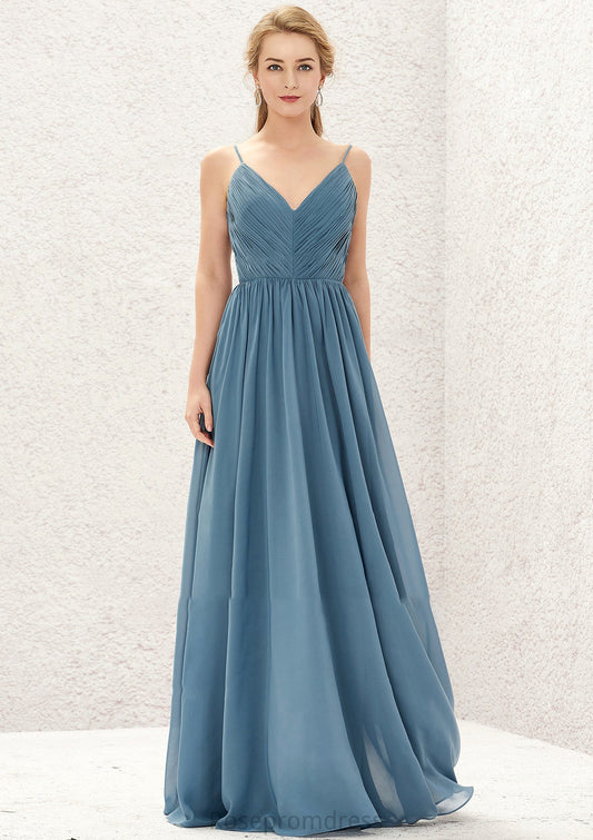 A-line V Neck Sleeveless Chiffon Long/Floor-Length Bridesmaid Dresses With Pleated Maliyah SRSP0025370