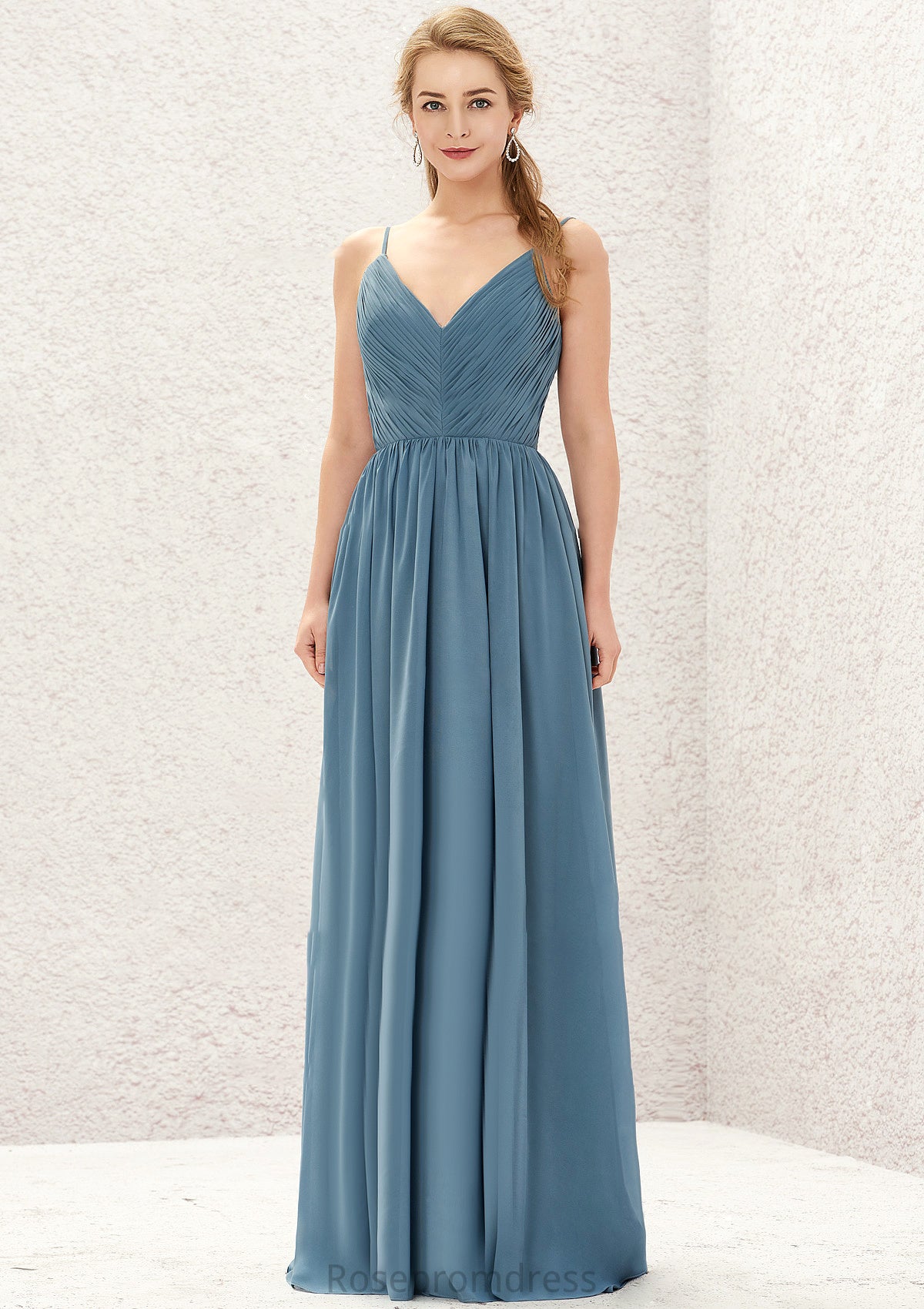 A-line V Neck Sleeveless Chiffon Long/Floor-Length Bridesmaid Dresses With Pleated Maliyah SRSP0025370