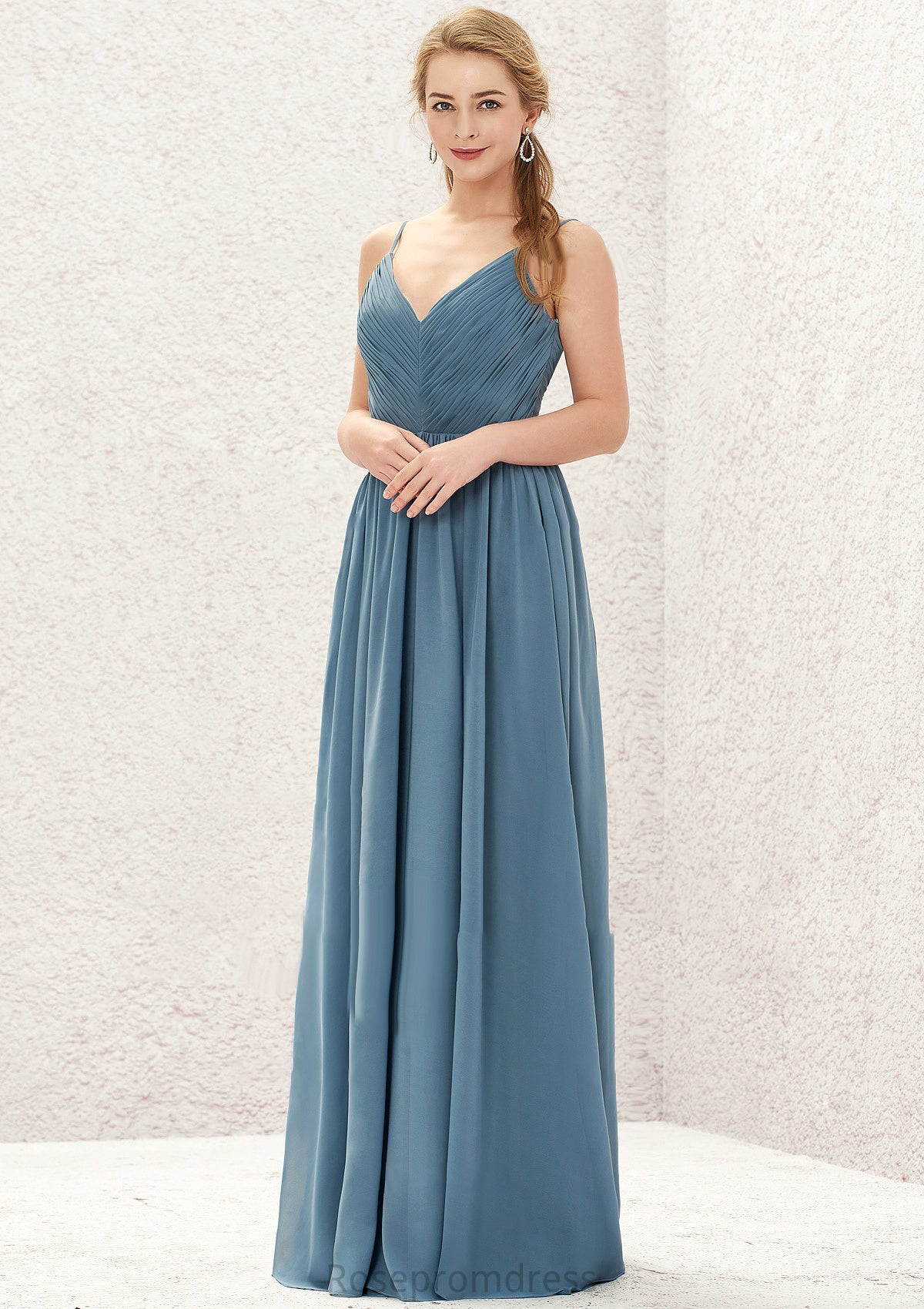 A-line V Neck Sleeveless Chiffon Long/Floor-Length Bridesmaid Dresses With Pleated Maliyah SRSP0025370