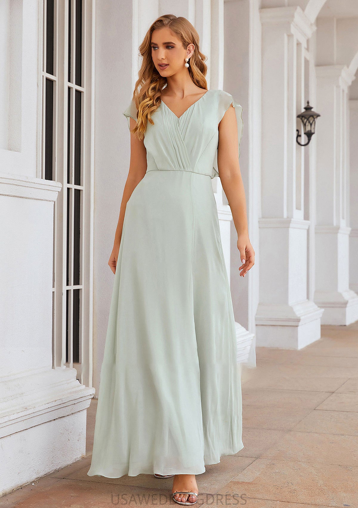 A-line V Neck Sleeveless Long/Floor-Length Chiffon Bridesmaid Dresses With Pleated Split Alma DSP0025372