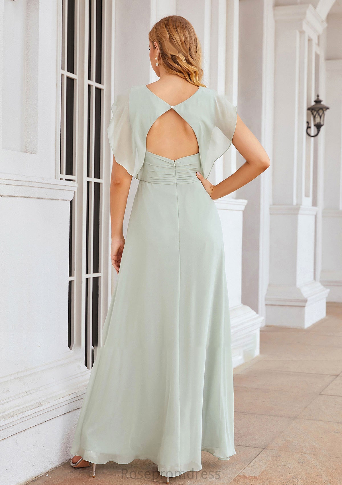 A-line V Neck Sleeveless Long/Floor-Length Chiffon Bridesmaid Dresses With Pleated Split Kayleigh SRSP0025372