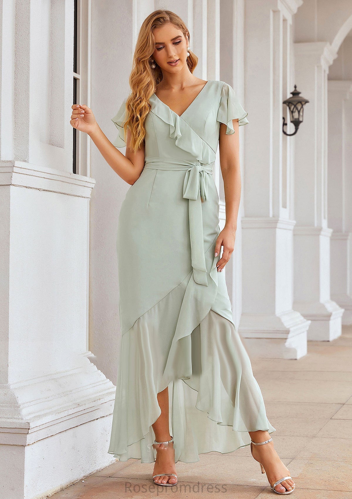 Sheath/Column V Neck Short Sleeve Asymmetrical Chiffon Bridesmaid Dresses With Ruffles Waistband Split Macey SRSP0025375