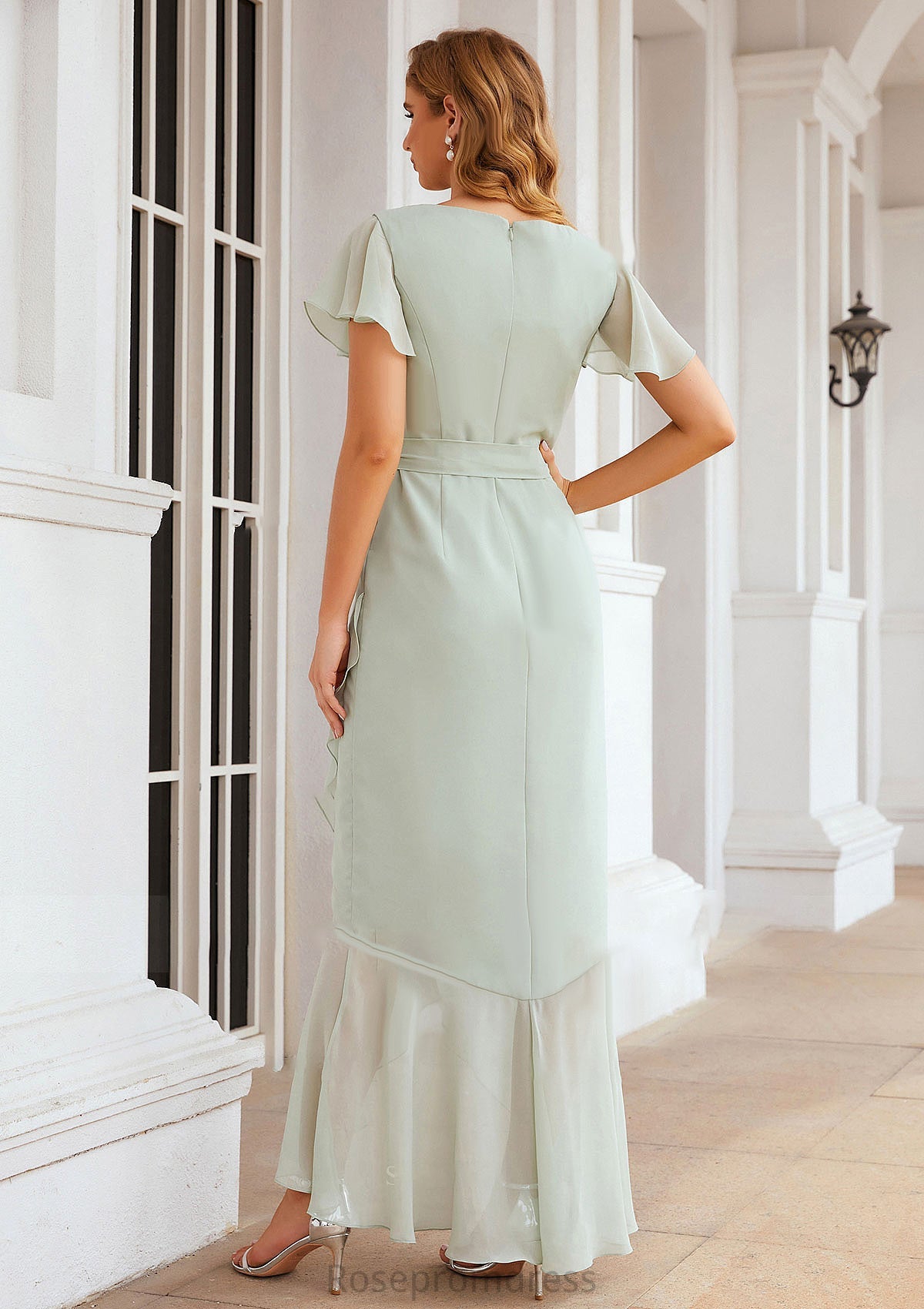 Sheath/Column V Neck Short Sleeve Asymmetrical Chiffon Bridesmaid Dresses With Ruffles Waistband Split Macey SRSP0025375