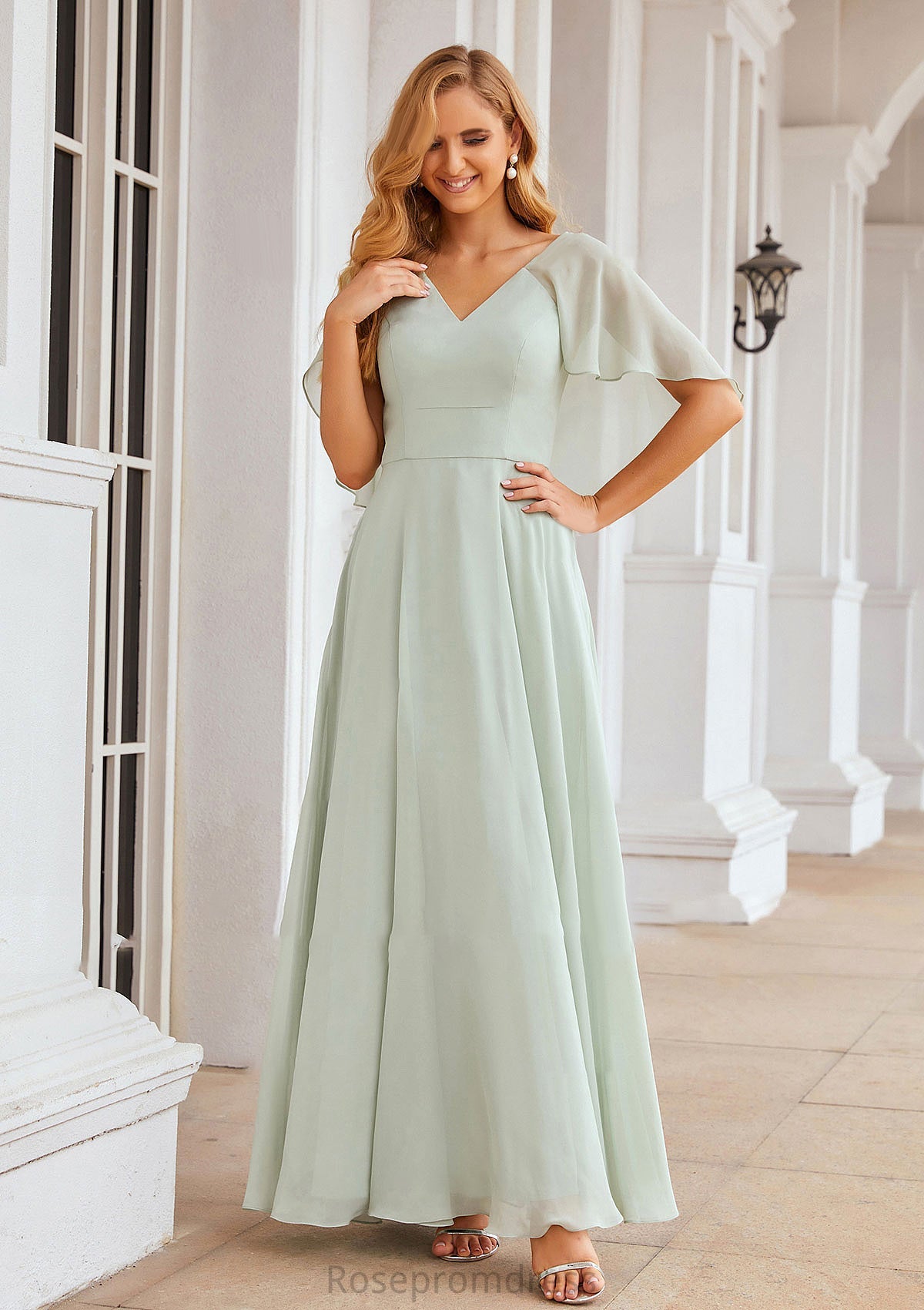 A-line V Neck Short Sleeve Long/Floor-Length Chiffon Bridesmaid Dresses Lillie SRSP0025376