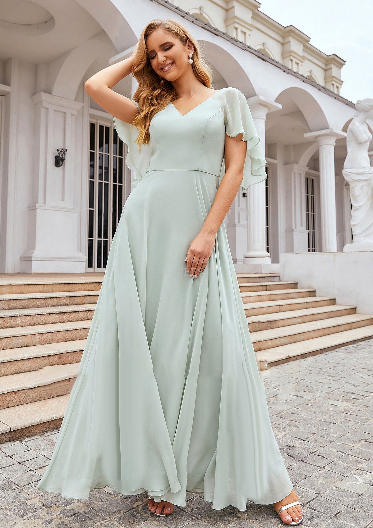 A-line V Neck Short Sleeve Long/Floor-Length Chiffon Bridesmaid Dresses Lillie SRSP0025376