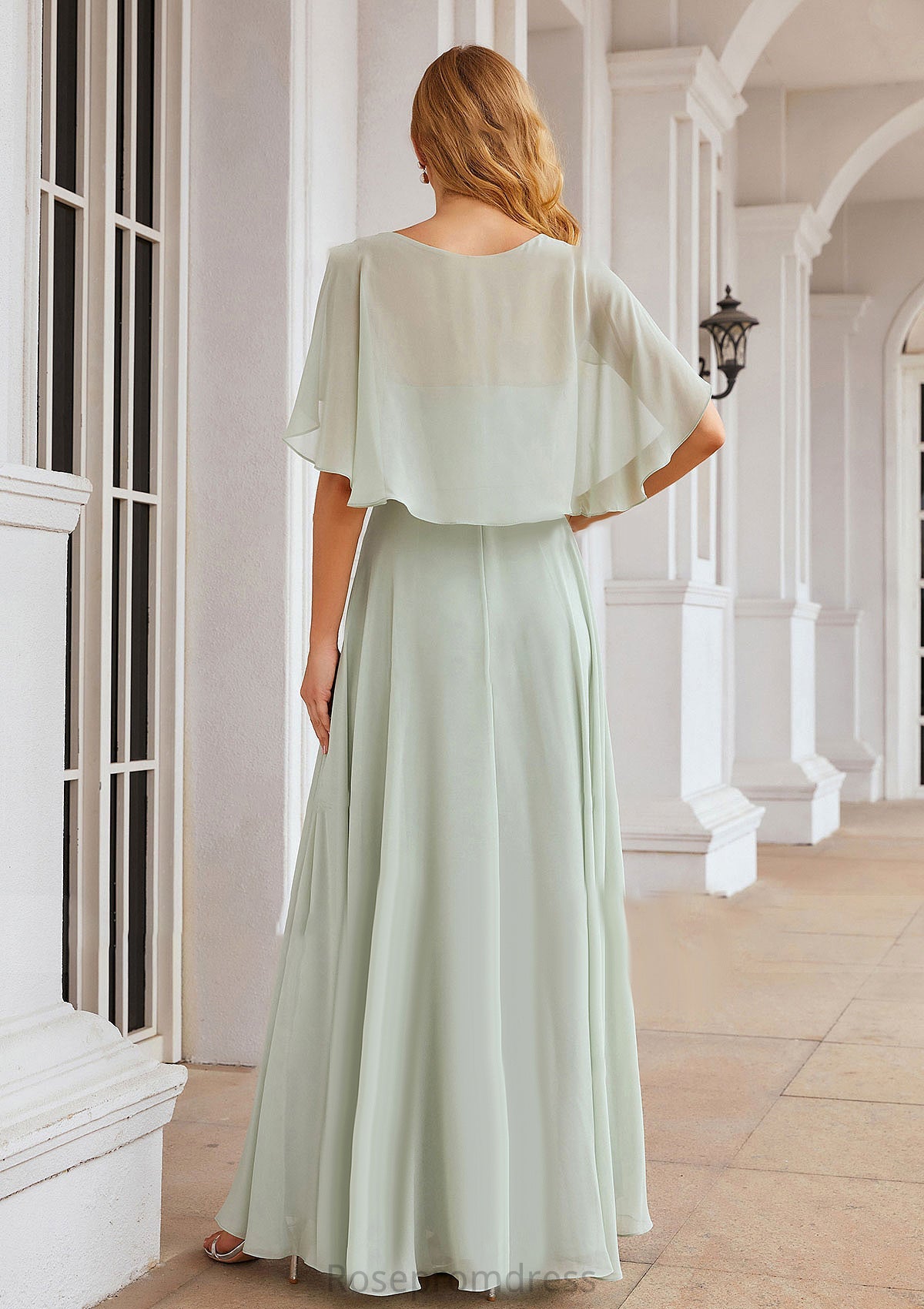 A-line V Neck Short Sleeve Long/Floor-Length Chiffon Bridesmaid Dresses Lillie SRSP0025376