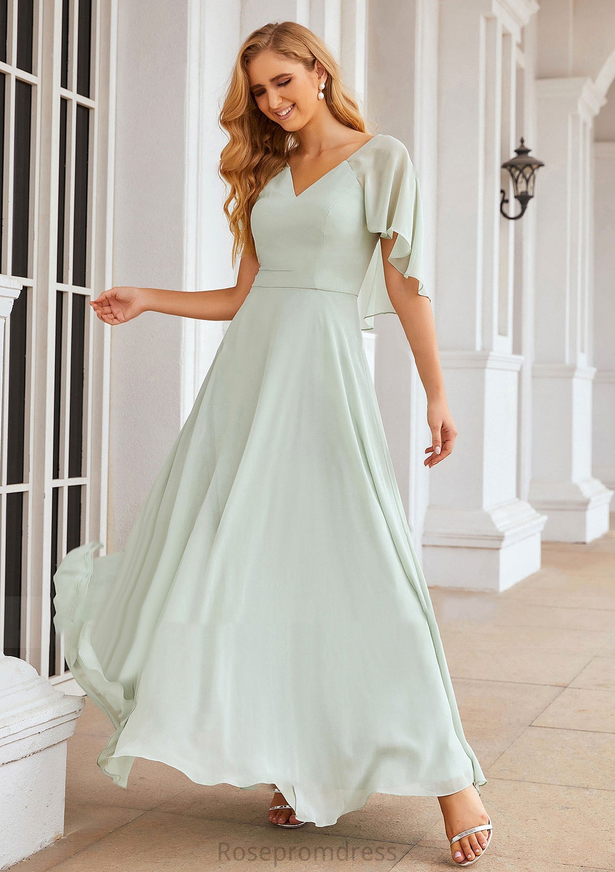 A-line V Neck Short Sleeve Long/Floor-Length Chiffon Bridesmaid Dresses Lillie SRSP0025376