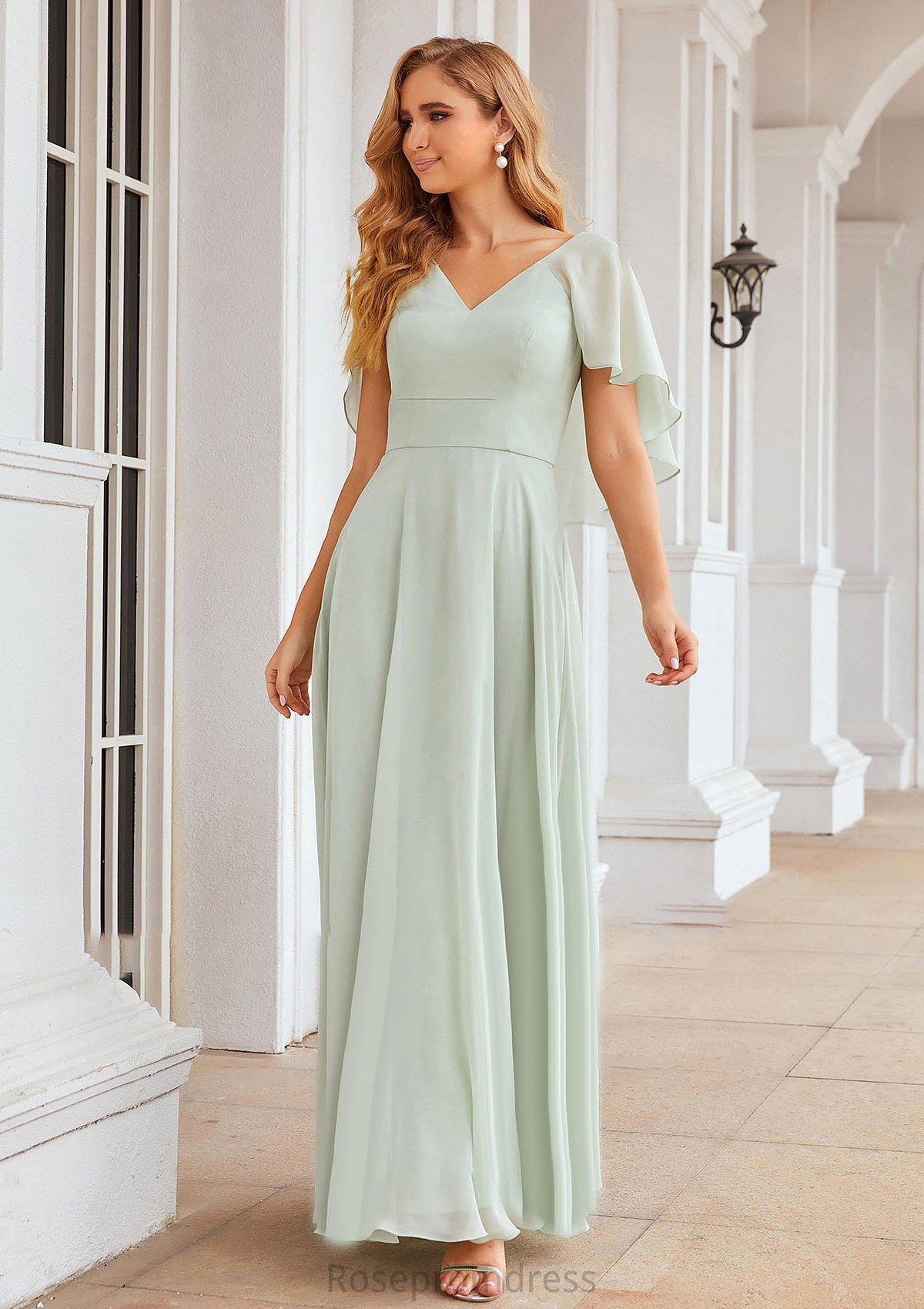 A-line V Neck Short Sleeve Long/Floor-Length Chiffon Bridesmaid Dresses Lillie SRSP0025376