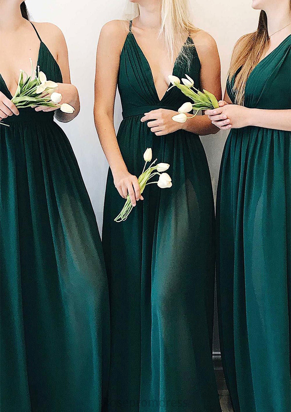 A-line V Neck Sleeveless Long/Floor-Length Chiffon Bridesmaid Dresses With Pleated Sandy SRSP0025377