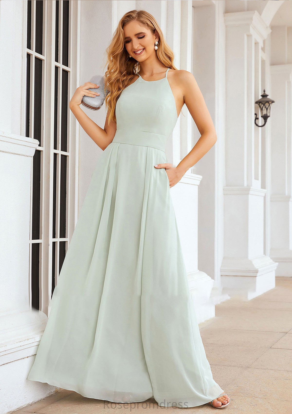 A-line Scoop Neck Sleeveless Long/Floor-Length Chiffon Bridesmaid Dresses With Pleated Pockets Clara SRSP0025378