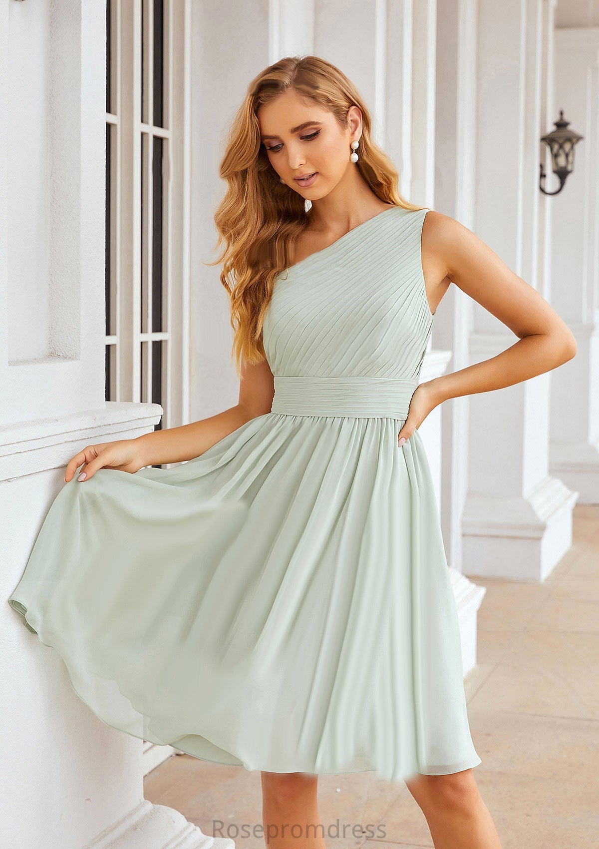 A-line One-Shoulder Sleeveless Chiffon Knee-Length Bridesmaid Dresses With Pleated Sasha SRSP0025379