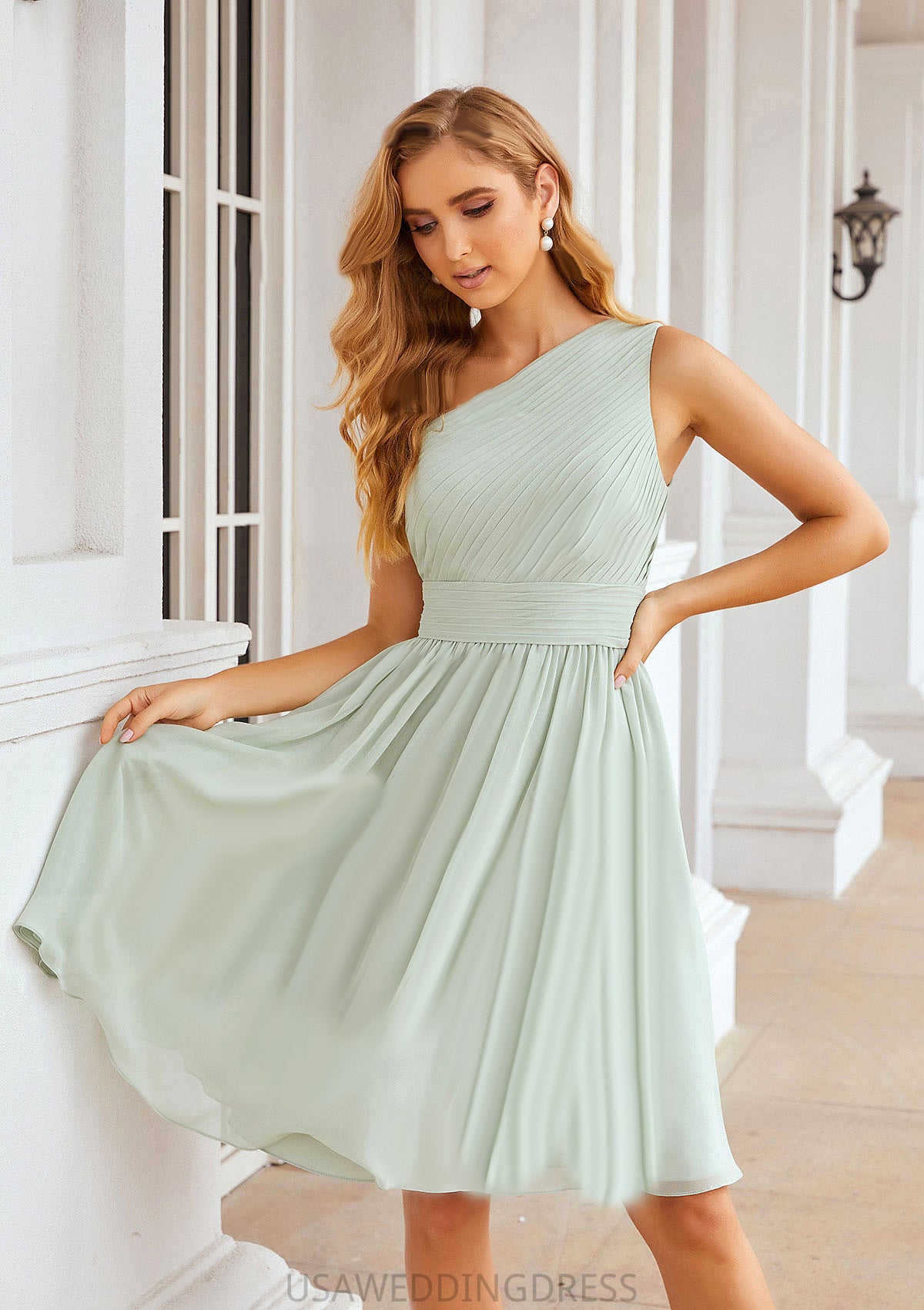 A-line One-Shoulder Sleeveless Chiffon Knee-Length Bridesmaid Dresses With Pleated Emely DSP0025379