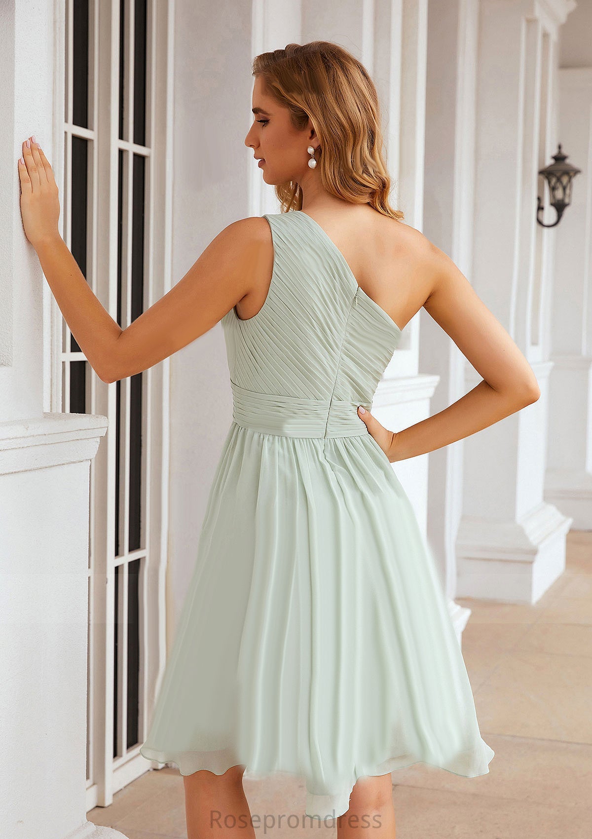 A-line One-Shoulder Sleeveless Chiffon Knee-Length Bridesmaid Dresses With Pleated Sasha SRSP0025379