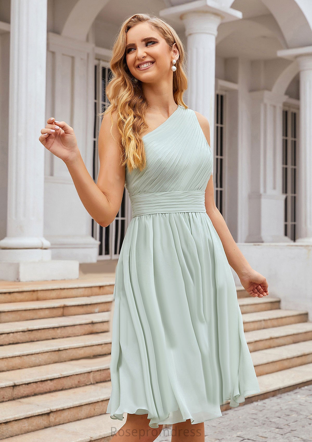 A-line One-Shoulder Sleeveless Chiffon Knee-Length Bridesmaid Dresses With Pleated Sasha SRSP0025379