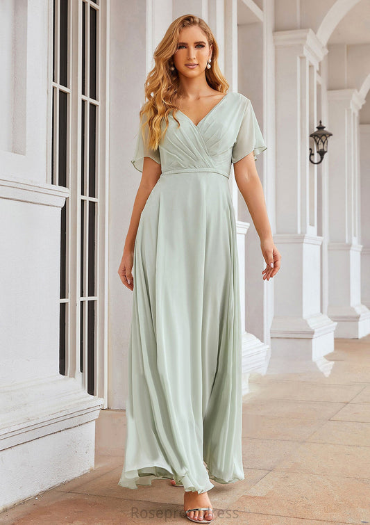 A-line V Neck Short Sleeve Chiffon Long/Floor-Length Bridesmaid Dresses With Pleated Waistband Gertrude SRSP0025381