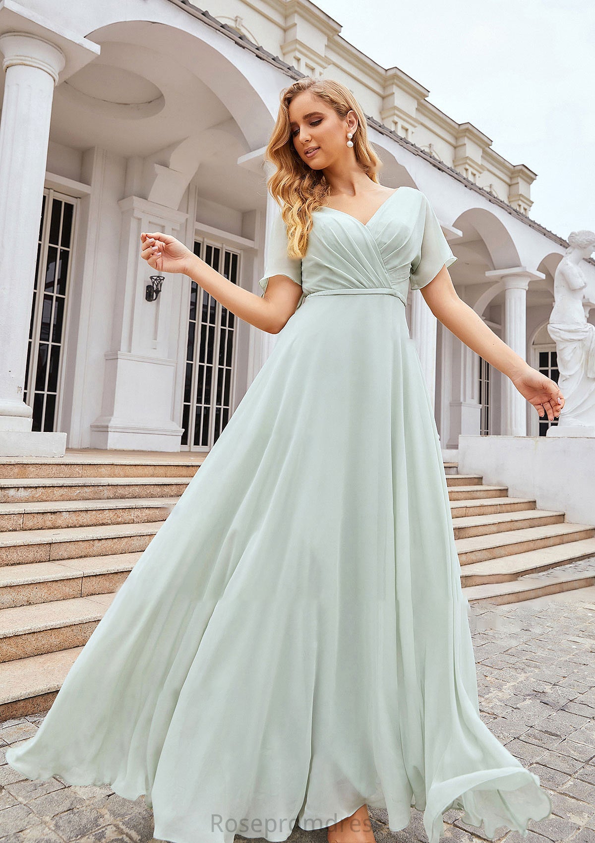 A-line V Neck Short Sleeve Chiffon Long/Floor-Length Bridesmaid Dresses With Pleated Waistband Gertrude SRSP0025381