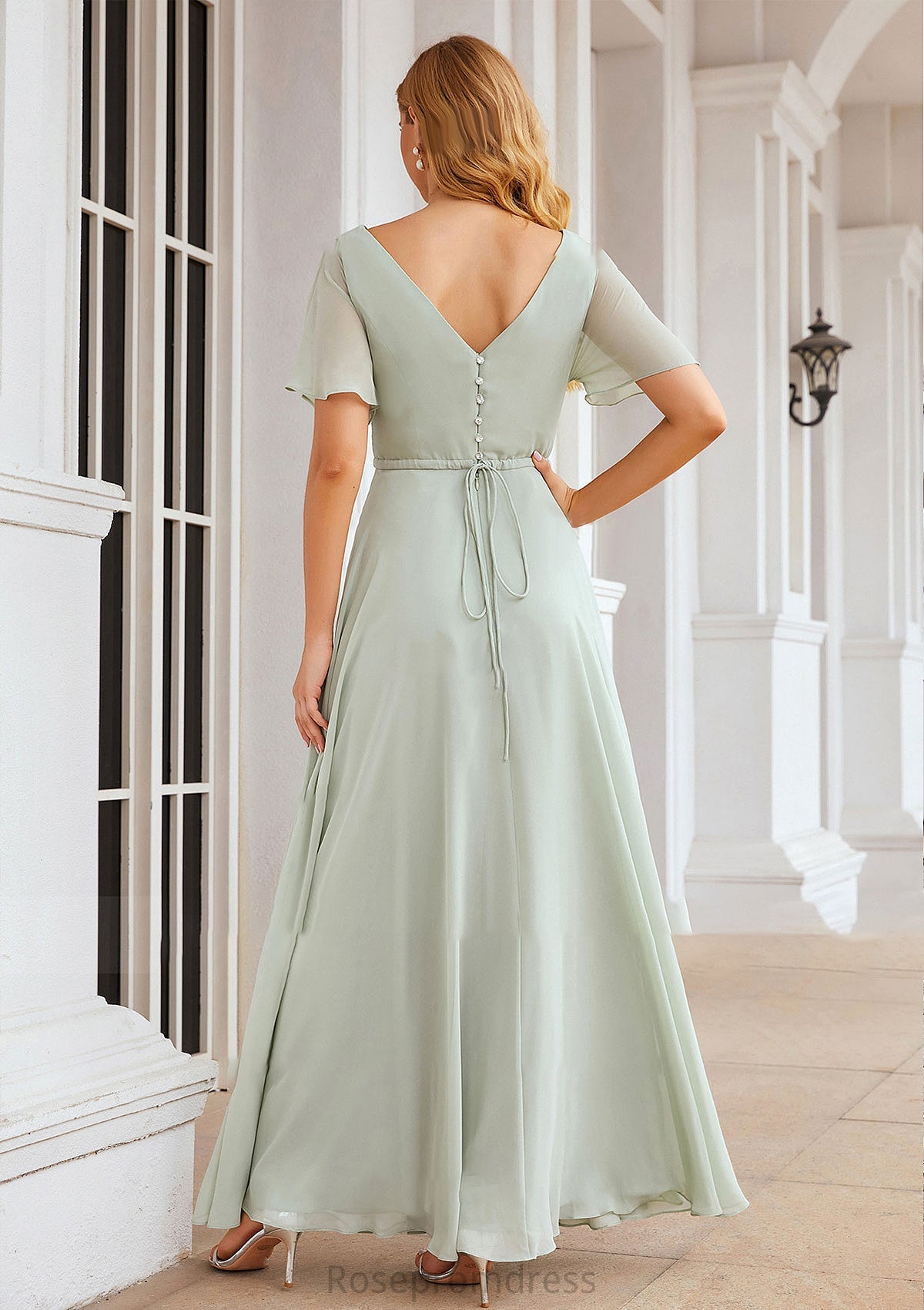 A-line V Neck Short Sleeve Chiffon Long/Floor-Length Bridesmaid Dresses With Pleated Waistband Gertrude SRSP0025381