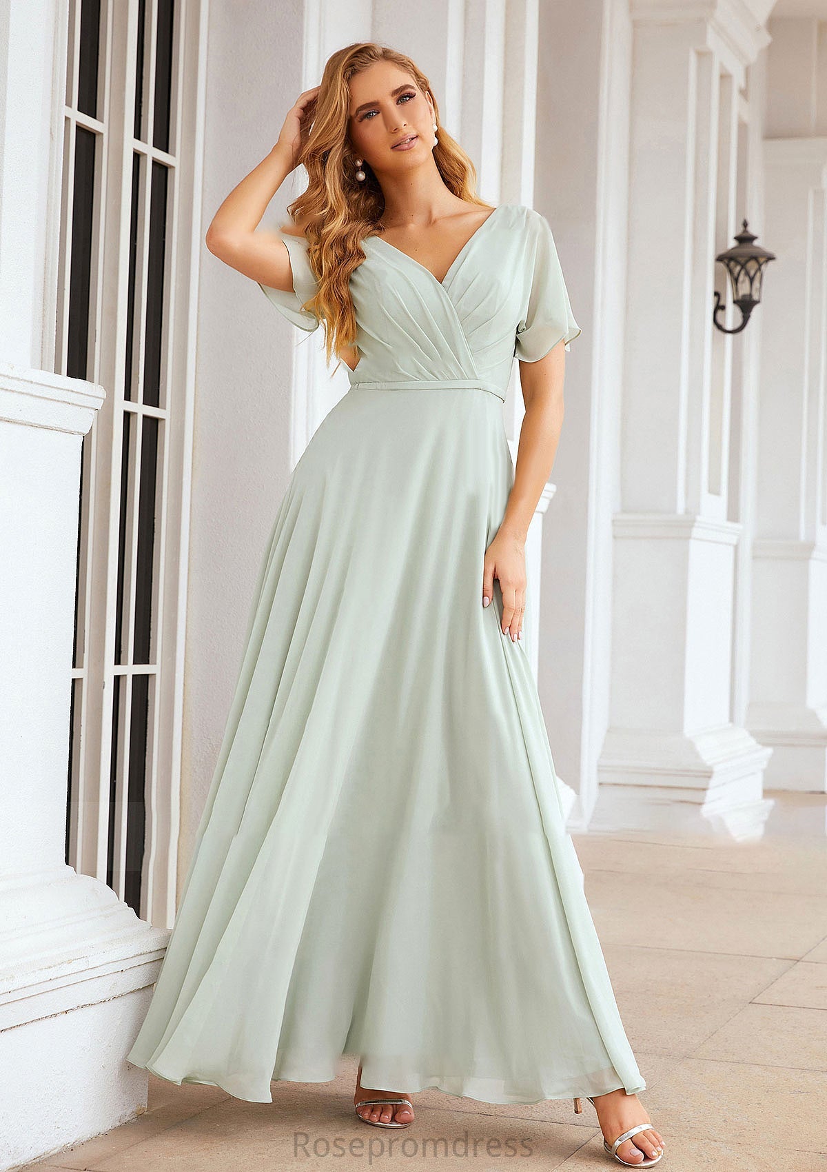 A-line V Neck Short Sleeve Chiffon Long/Floor-Length Bridesmaid Dresses With Pleated Waistband Gertrude SRSP0025381