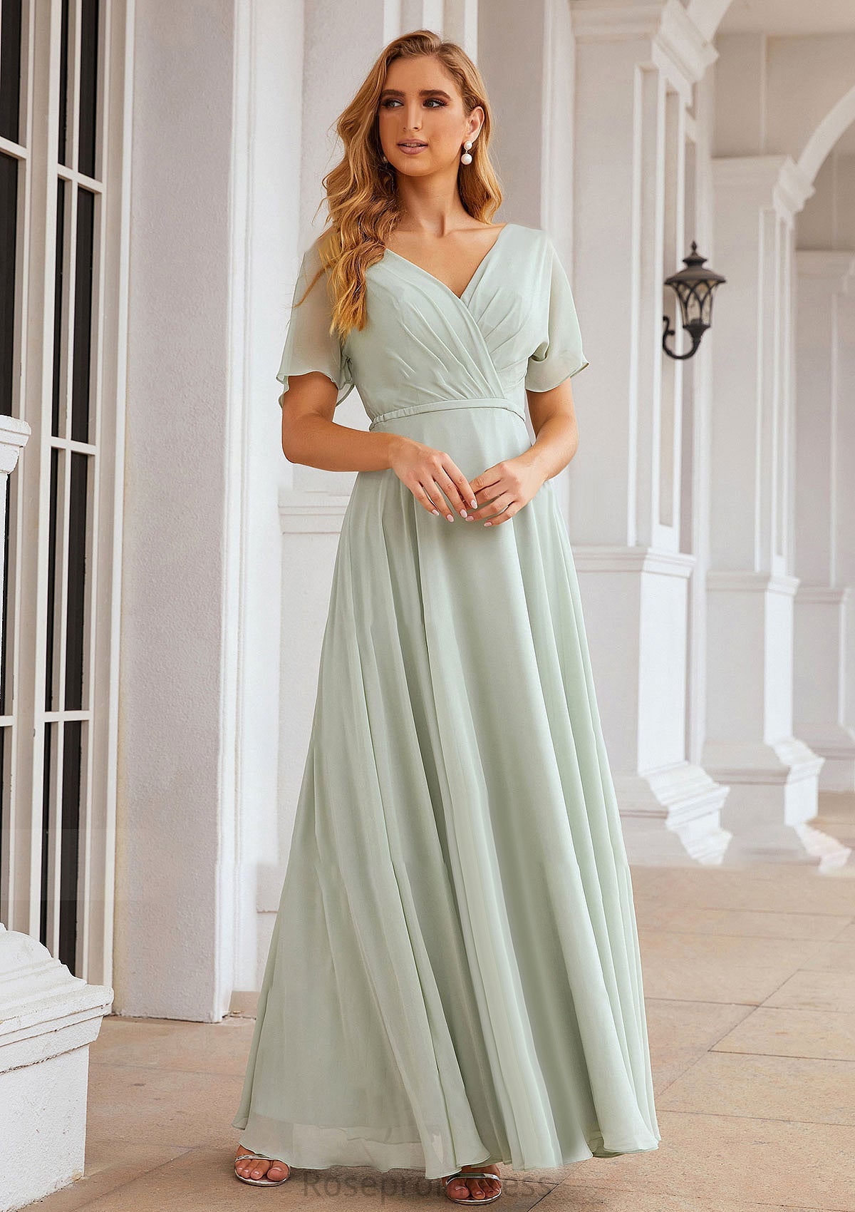 A-line V Neck Short Sleeve Chiffon Long/Floor-Length Bridesmaid Dresses With Pleated Waistband Gertrude SRSP0025381