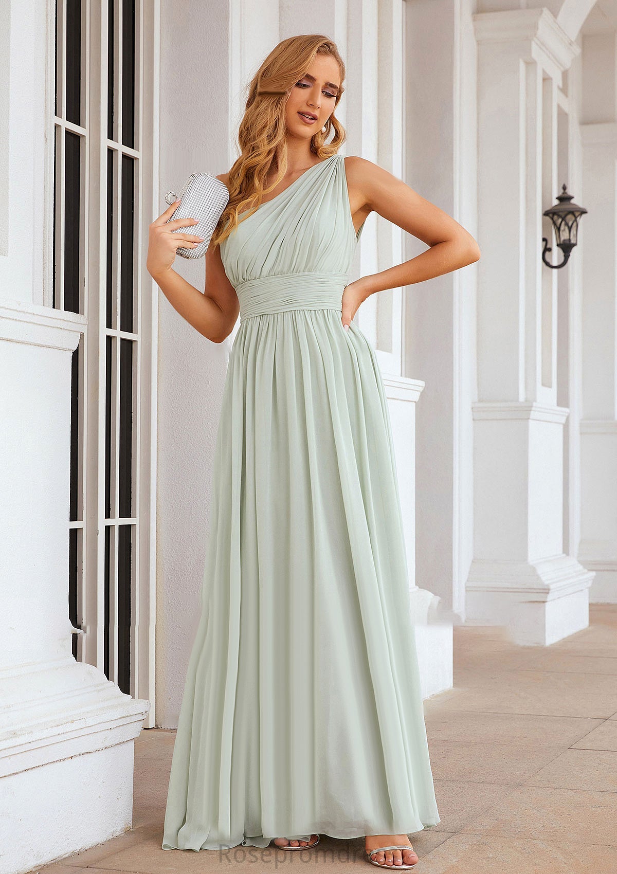 A-line One-Shoulder Sleeveless Chiffon Long/Floor-Length Bridesmaid Dresses With Pleated Nadine SRSP0025382